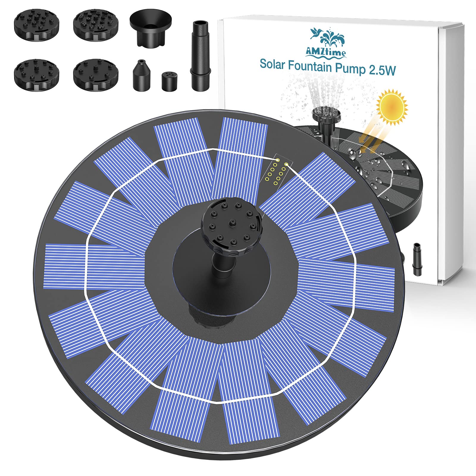 AMZtime 2.5W Fontana Pompa Solare da Giardino, con 6 Ugelli, Acqua Galleggiante per Bagno per Uccelli, Laghetto, Decorazione e Piscina