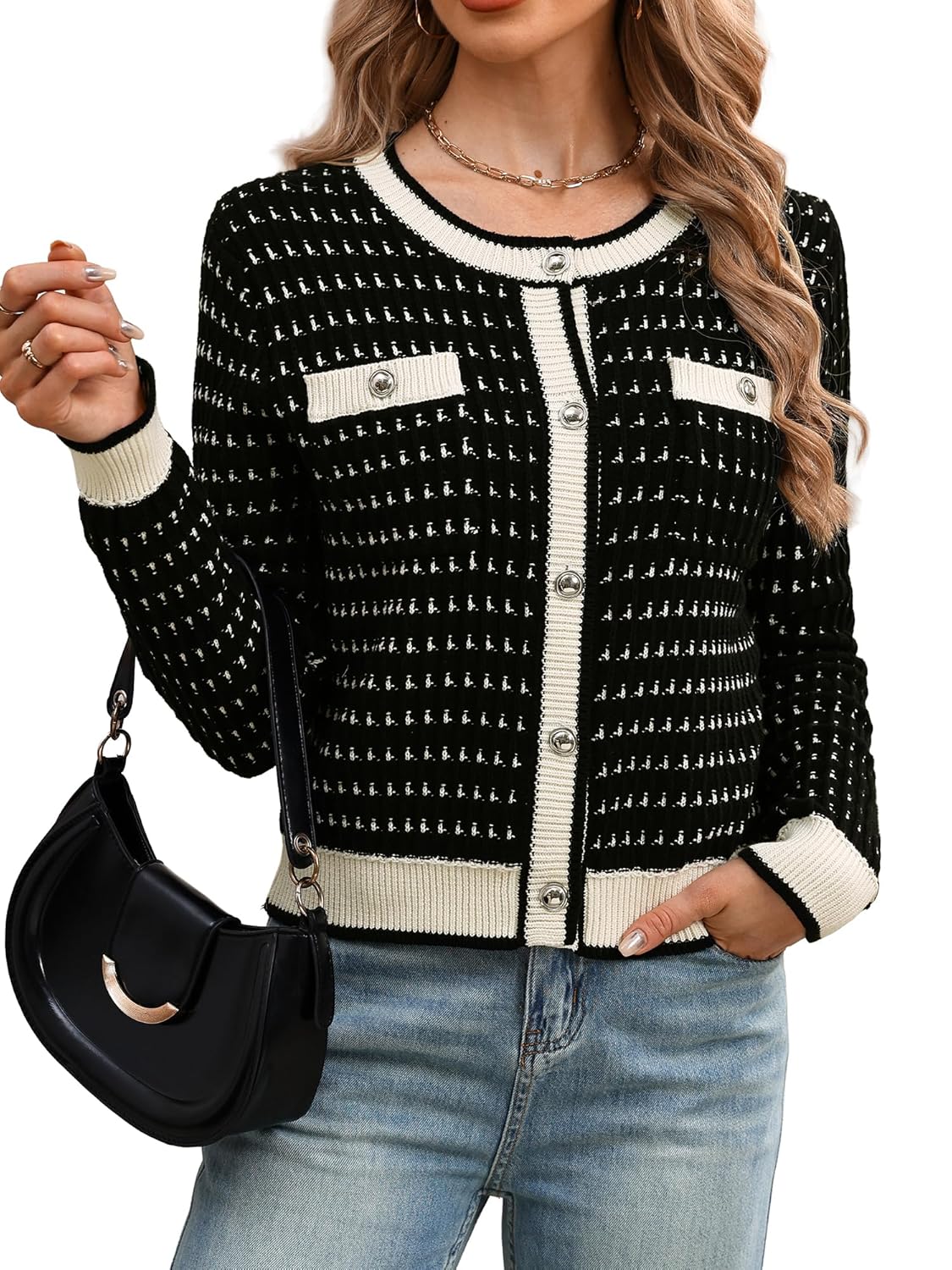 ELLEVEN Womens Cropped Tweed Knit Cardigan Sweater Trendy Open Front Button Up Long Sleeve Cardigans with Pockets