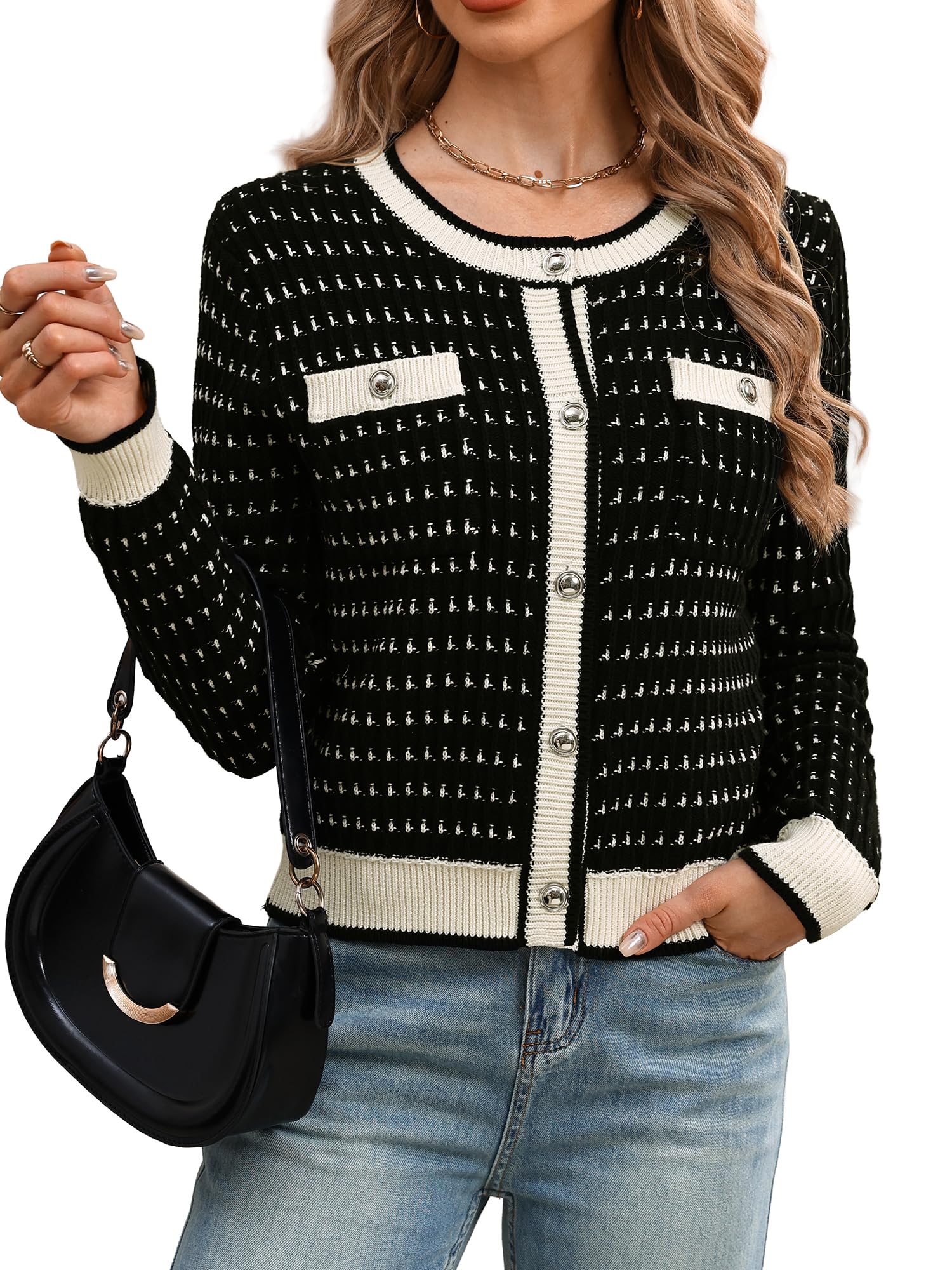 ELLEVEN Womens Cropped Tweed Knit Cardigan Sweater Trendy Open Front Button Up Long Sleeve Cardigans with Pockets