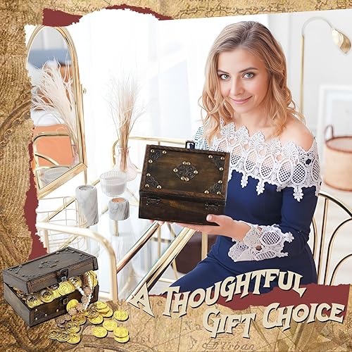 Miniatura 6 de Cofre del tesoro de madera de 7 x 5 x 3 pulgadas, caja de recuerdo vintage con tapa con bisagras para almacenamiento de joyas, monedas, baratijas,