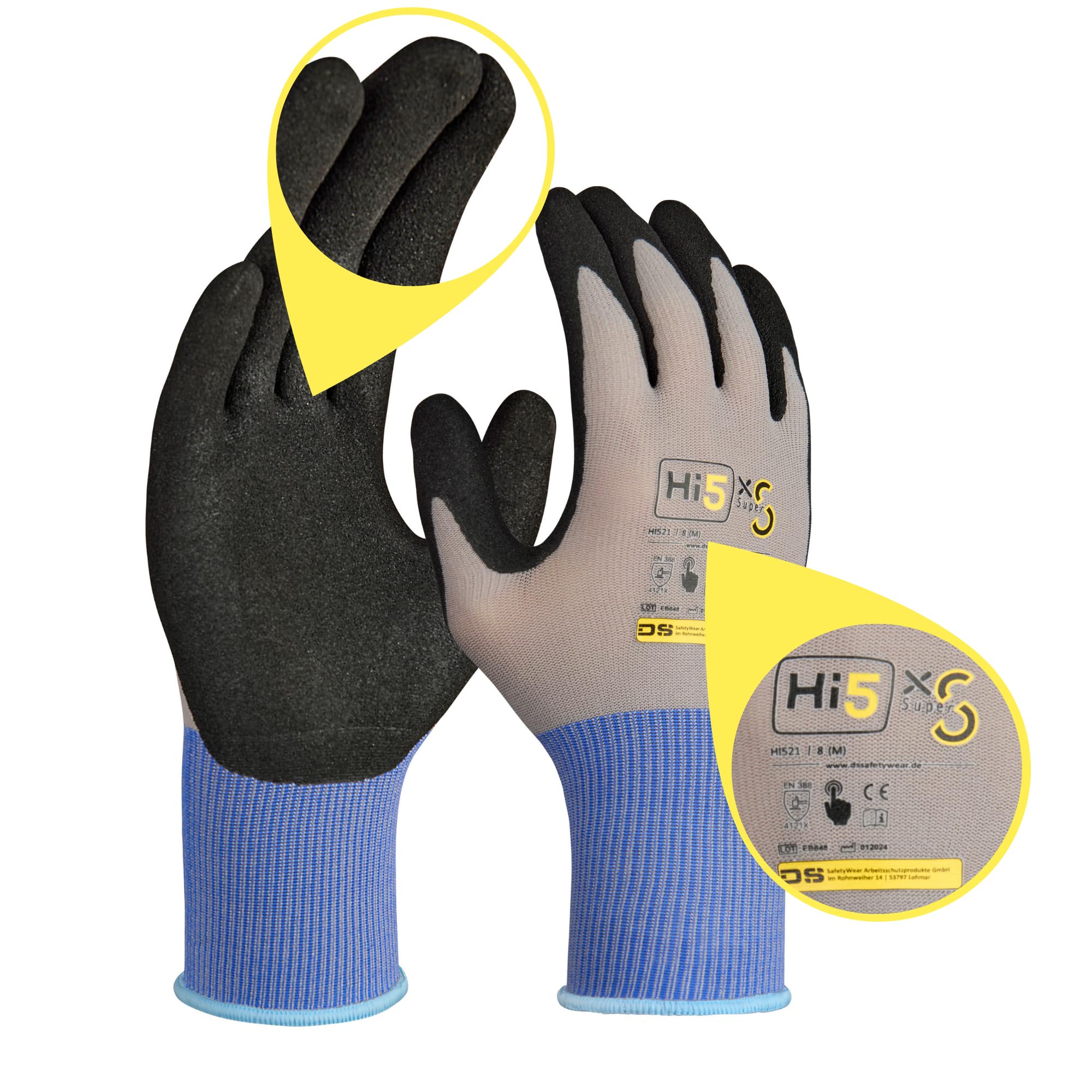 Hi5 X-Super S Arbeitshandschuhe 4121X – Sandy-Nitril-Beschichtung – 15G Nylon/Spandex – hoher Grip bei Nässe & Öl – EN 388 – Touchscreen – grau/schwarz (S, 120, stück)