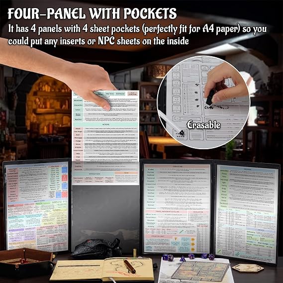CZYY DND Dungeon Master Screen أربعة لوحات مع جيوب ، جلد صناعي ثلاثي الأبعاد منقوش بـ Cthulhu - يتضمن إدراج شاشة DM وحقيبة تخزين
