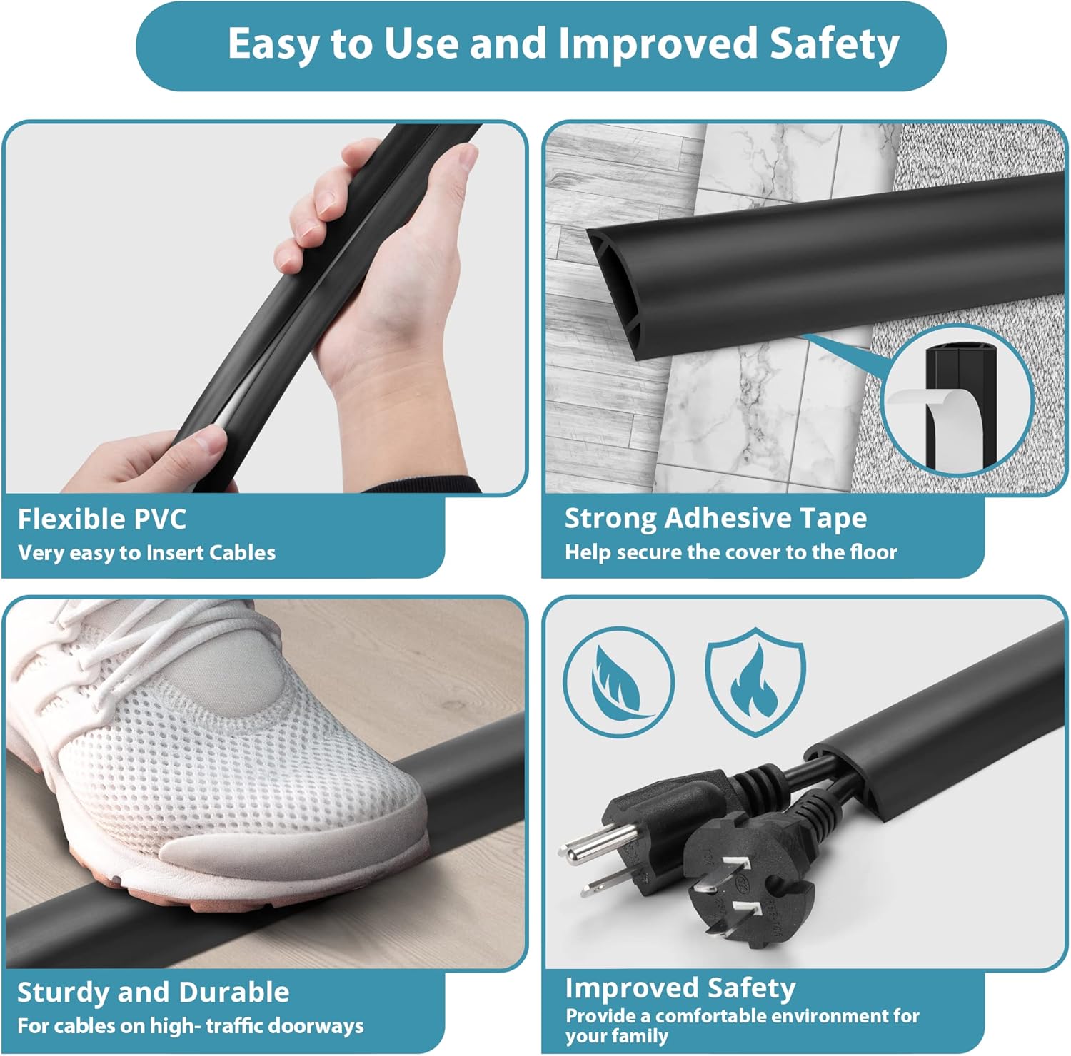 Floor Cable Cover 3ft Black, LZEOY Cord Covers for Wires on Floor, Cord Hider Floor Cable Management, Extension Cord Floor Cover Low Profile, Floor Cord Cover for Office/Carpet/Floor Small-3ft Black