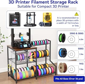 3D Printer Stand with Filament Storage Rack, 3D Printer Table with Shelves and 3 Tier Metal Spool Holder, 3D Filament Storage Holder