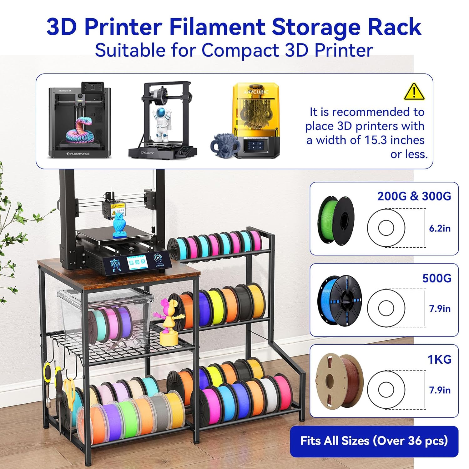 3D Printer Stand with Filament Storage Rack, 3D Printer Table with Shelves and 3-Tier Metal Spool Holder, Heavy-Duty 3D Filament Storage Stand for Workshop, Studio, or Office, Retro Brown