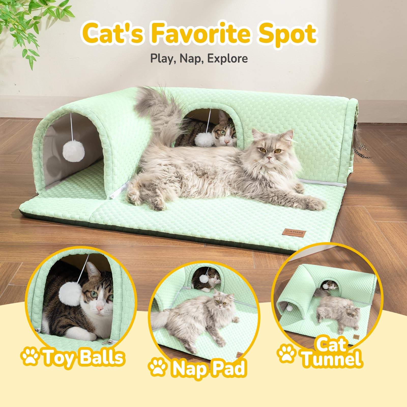 CATISM Lit pour chat avec tunnel - Tunnel pour chat d'intérieur - Ports à 3 voies - 3 jouets - Tapis amovible - Tunnel doux - Grande grotte - Tapis antidérapant - Lit tube pour chaton, furet et petits
