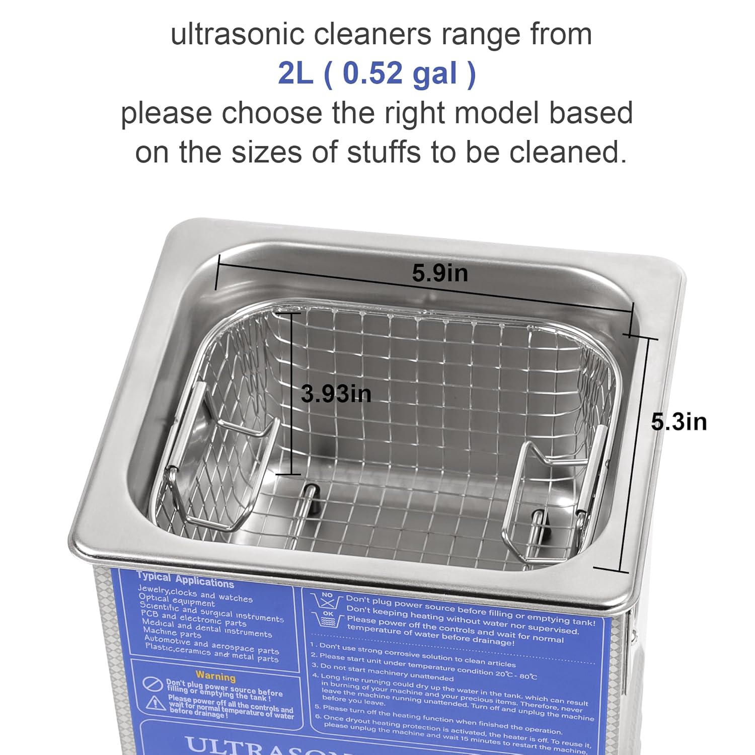 Internal tank dimensions of the ultrasonic cleaner, showing 5.9 inches length, 3.93 inches width, and 5.3 inches height.