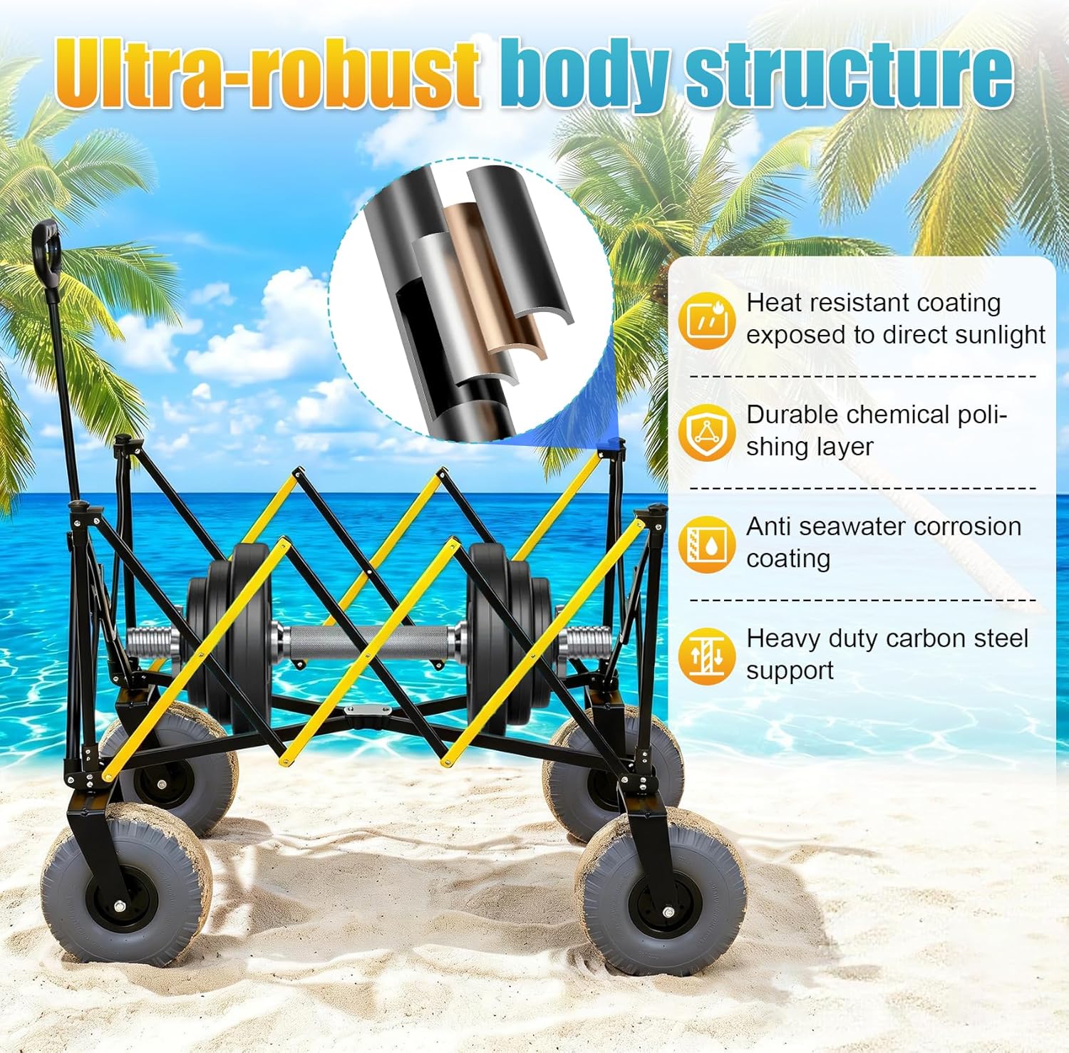 Beach Wagon with Big Wheels for Sand, Heavy Duty 350lbs Folding Beach Wagon with 10.5" All-Terrain Inflatable Wheels, Utility Cart for Camping, Outdoor Shopping, Garden & Sports, Includes Air Pump
