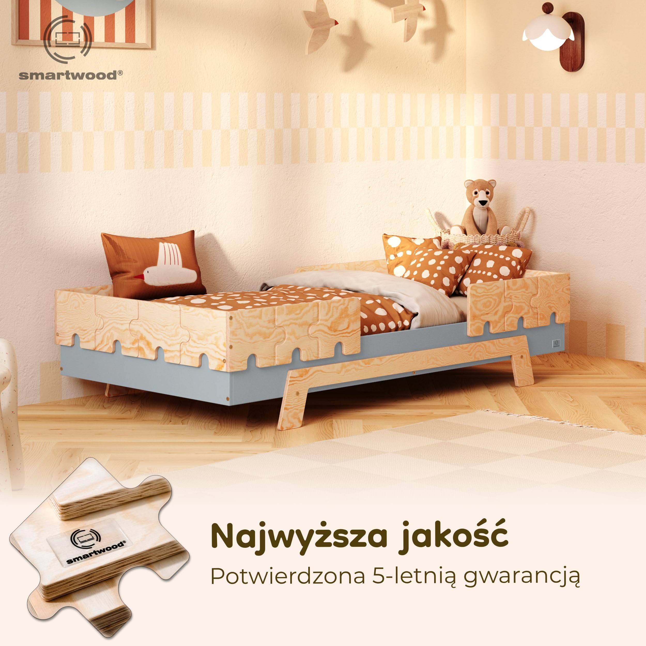smartwood Łóżko dziecięce 70x160 ze stelażem, Sosna, Niebieski, PUZZLE BR2 | Łóżko Montessori 6 w 1, dwie barierki, nośność do 230 kg, sklejka sosnowa FSC, zaokrąglone krawędzie, łatwy montaż, od 3 lat