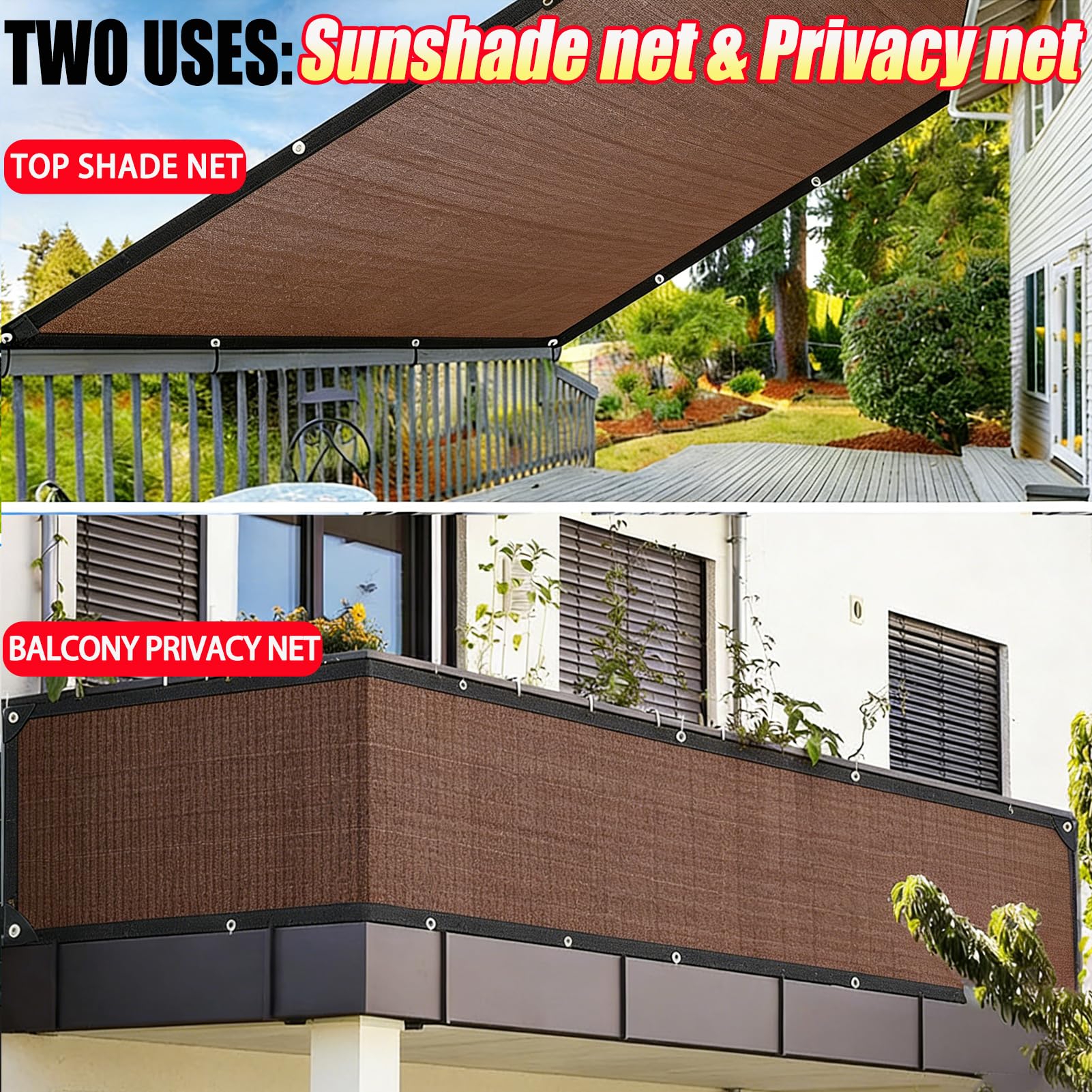 Filet d'ombrage HDPE 85% Anti-UV, Résistant et Aéré, Œillets Métalliques –Marron 2x6m – pour Jardin, Serre, Balcon, Terrasse et Piscine
