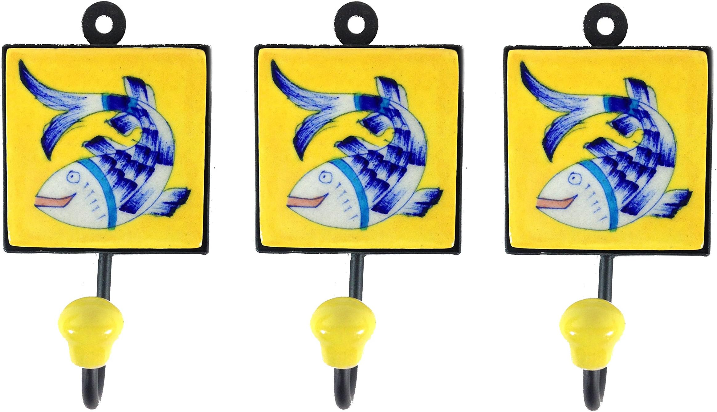 Pottery & Iron - Dancing Asian Fish Square Wall Hooks - Set of 3 - Iron Hangers for Coats, Aprons, Hats, Towels, Pot Holders (Yellow)