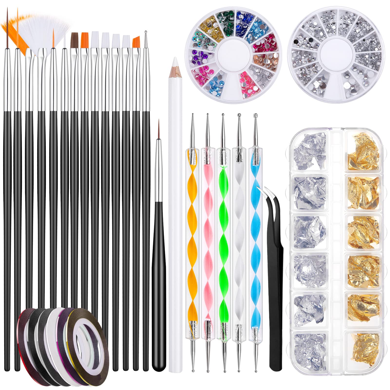 Kiiwah Kit de 31 Pièces Nail Art Design, 15 Pinceau à Ongles, 5 Dotting Pens, 2 Boîtes Ongles Strass, 10 Striping Tape et Feuille de Or & Argent pour Manucure Professionnel Femmes
