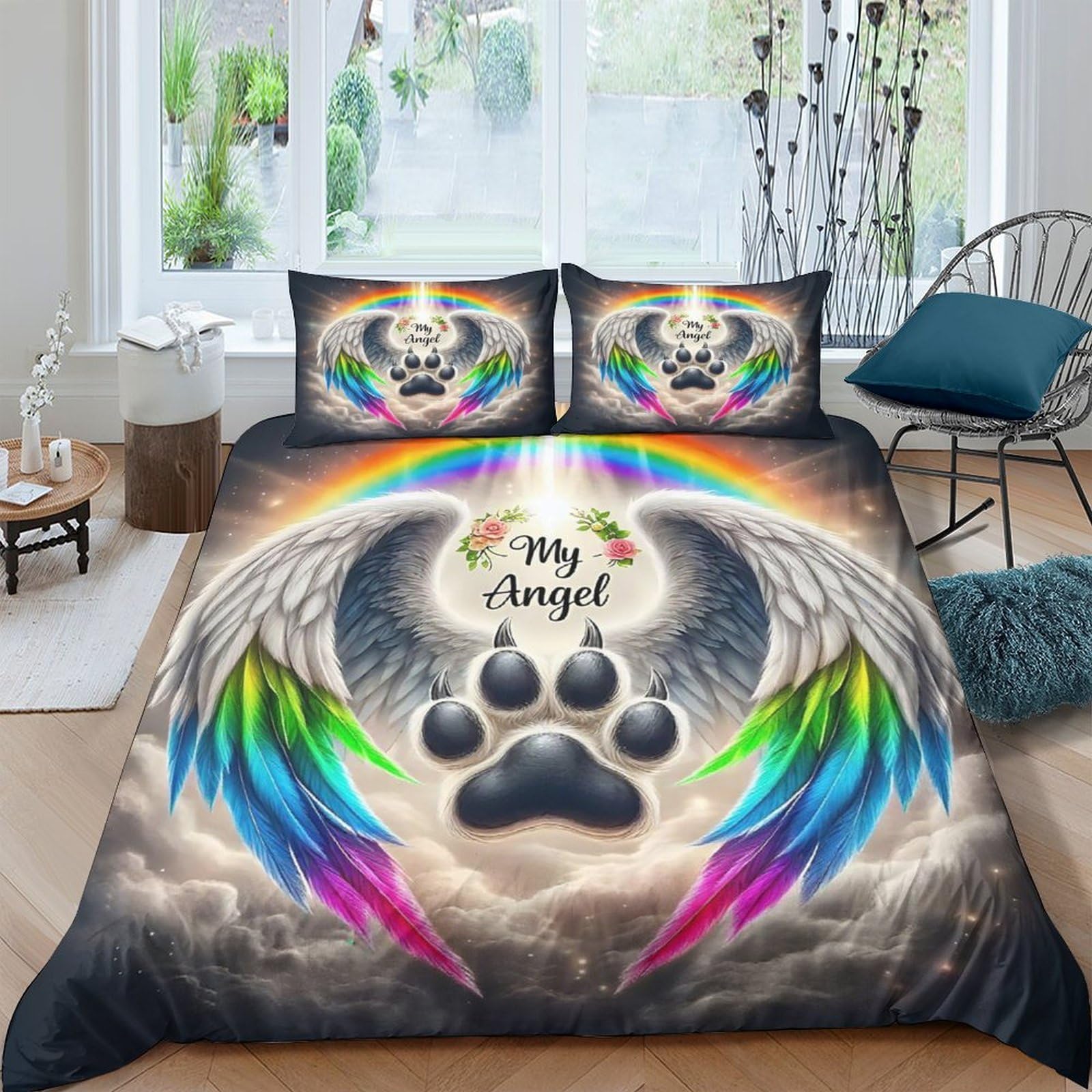 Housse de couette ailes d'ange 220x240 cm parure lit 3 pièces microfibre