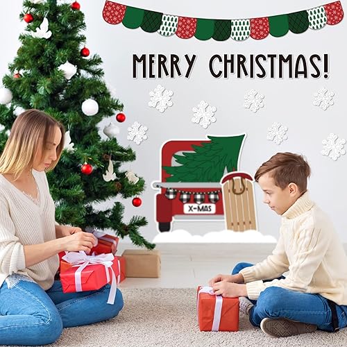 Miniatura 7 de Whaline Kit de decoración de tablón de anuncios para el aula, 139 piezas, árbol de Navidad, recorte de camión rojo con punto de pegamento,