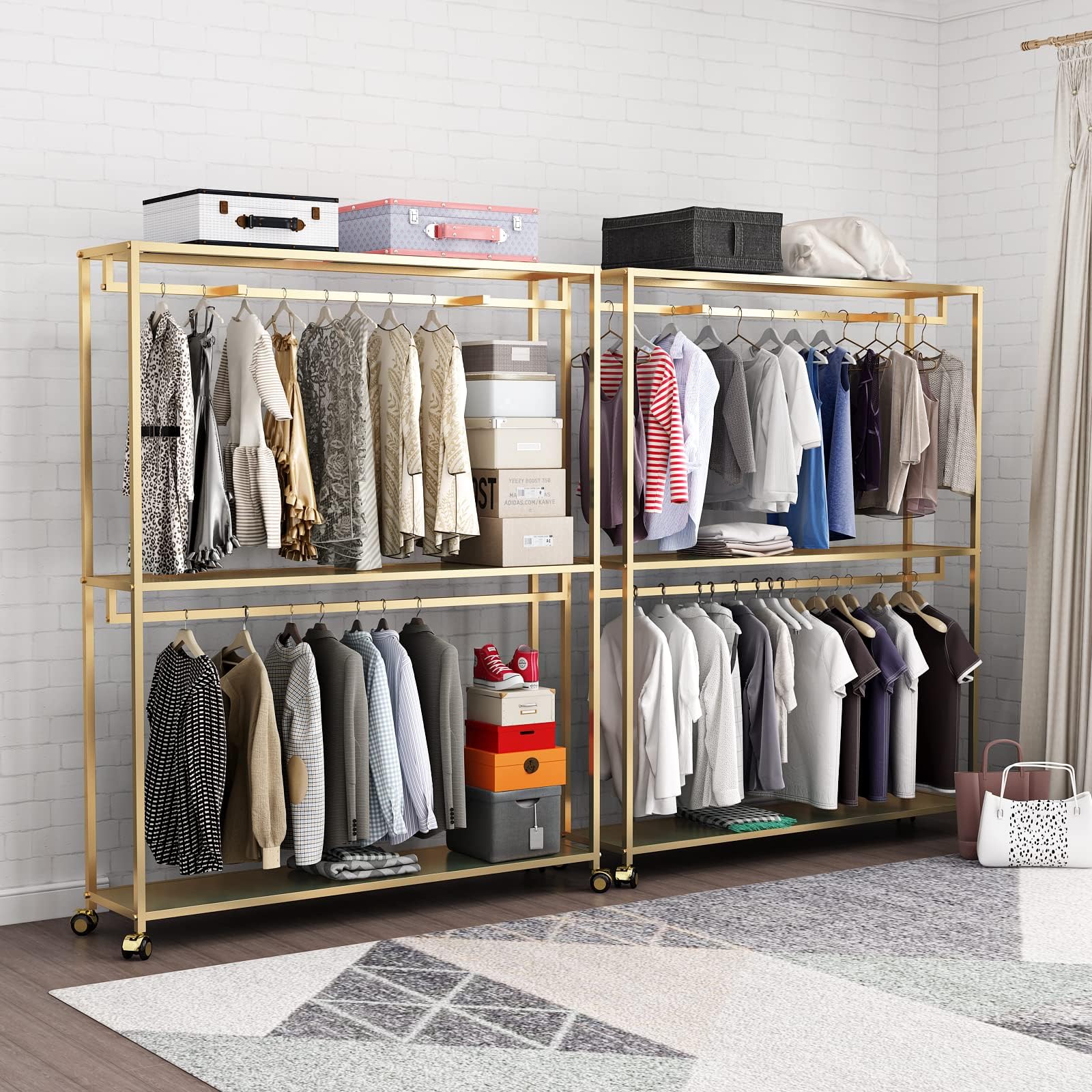 HOMEKAYT Gold Clothing Rack 2 Tier Hanging Rack Gold Metal