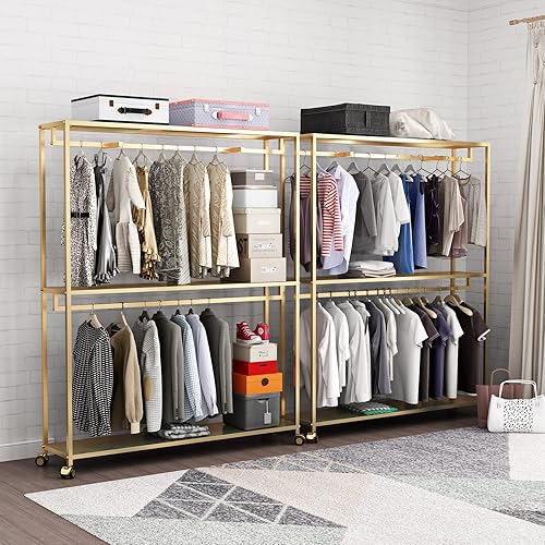 TIEOU Perchero dorado para ropa, perchero dorado con estantes para boutiques, perchero dorado para colgar ropa, armario grande, perchero resistente