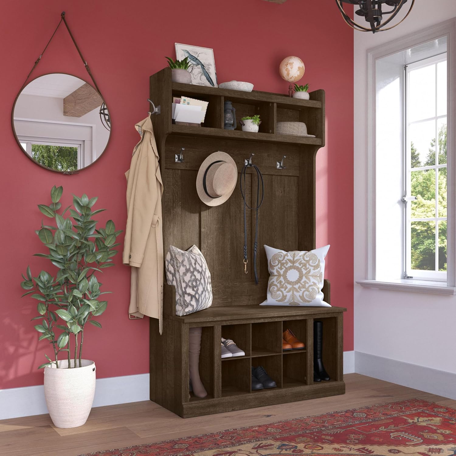 Bush Home Woodland 40W Hall Tree and Shoe Storage Bench with Shelves in Ash Brown, Cubbies and Coat Hooks for Foyer, Mudroom, or Entryway