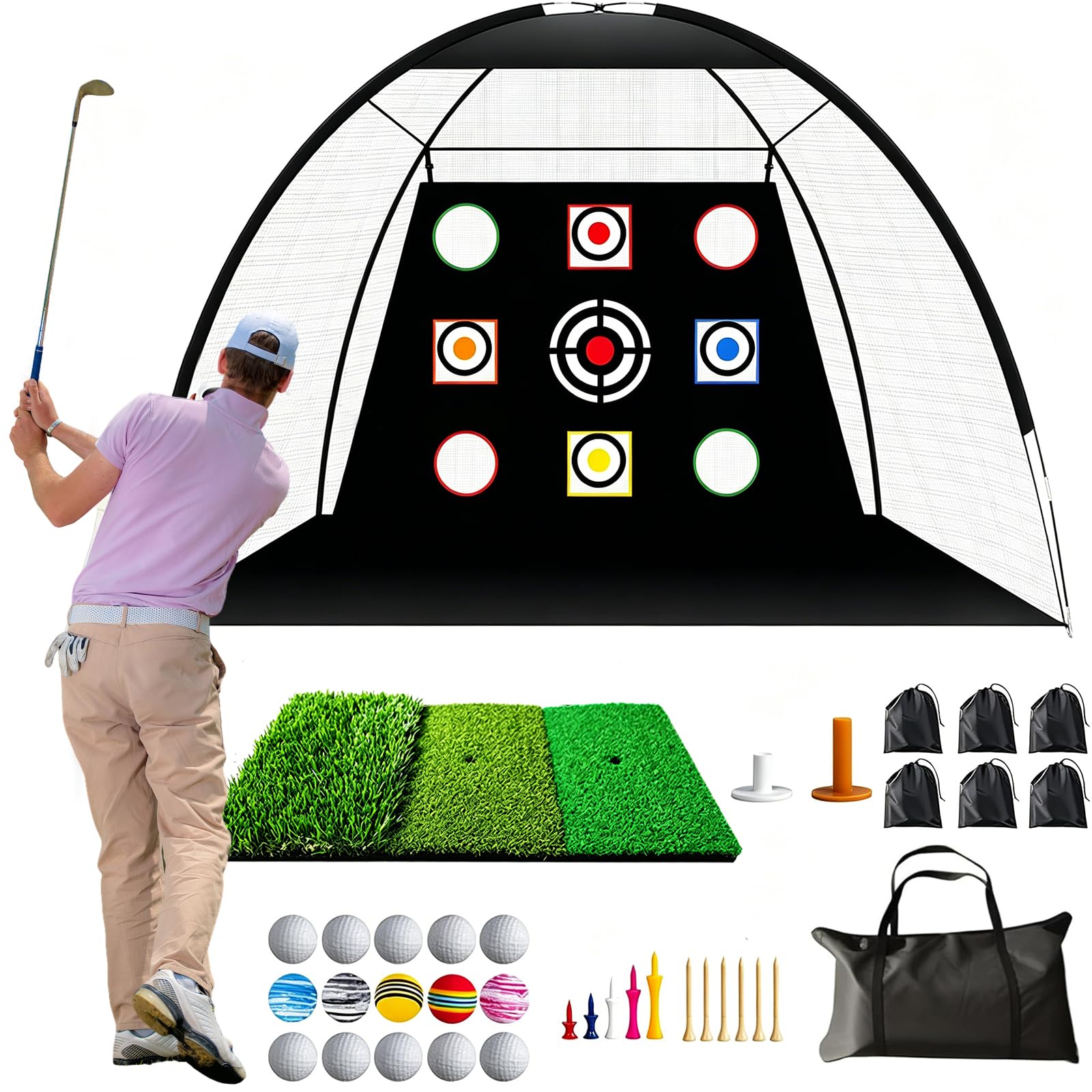 Redes de Práctica de Golf 10x7 Pies, Red de Entrenamiento de Golf con Estera de Impacto para Interior y Exterior Patio Trasero, Red de Ayuda para Entrenamiento con Dianas