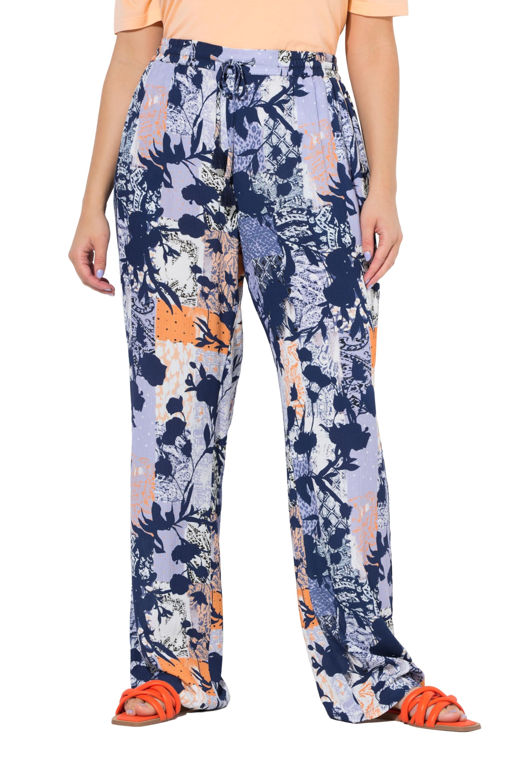 Ulla Popken Damen große Größen Übergrößen Plus Size Hose Rose, floraler Druck, weites Bein, Elastikbund 849900
