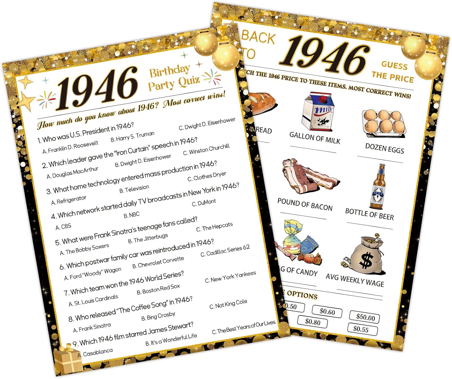 HOMANGA 40th Birthday Party Games, 1986 Quiz & Guess the Price Game Cards, Black Gold 40th Birthday Party Supplies for Men Women, Pack of 30 Cards
