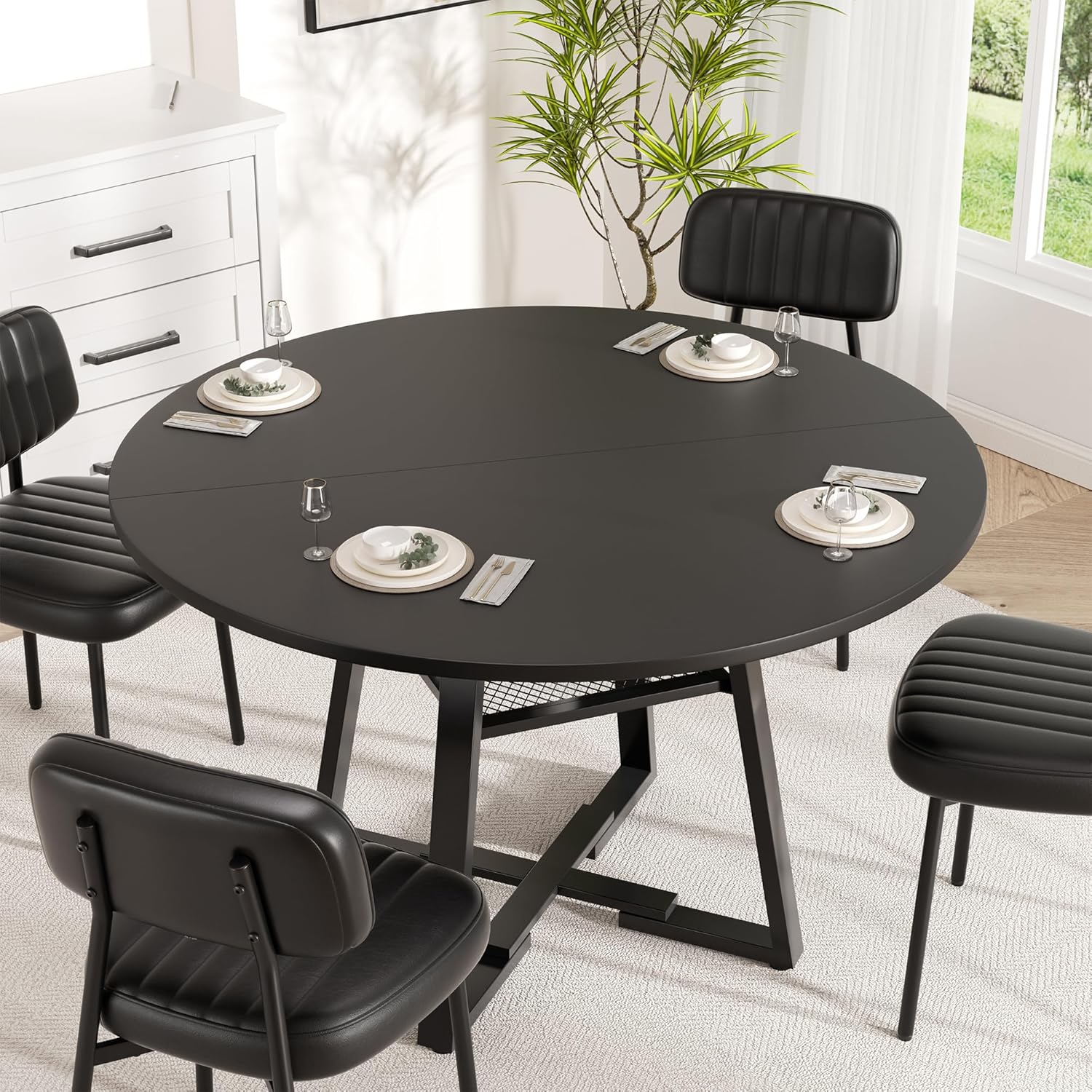 YUUIJOAA Round Dining Table for 2-4 People,42 Inch Dining Room Table,Modern Circle Kitchen Table with Storage Shelf and Metal Legs for Dining Room,Kitchen,Black (Table Only)