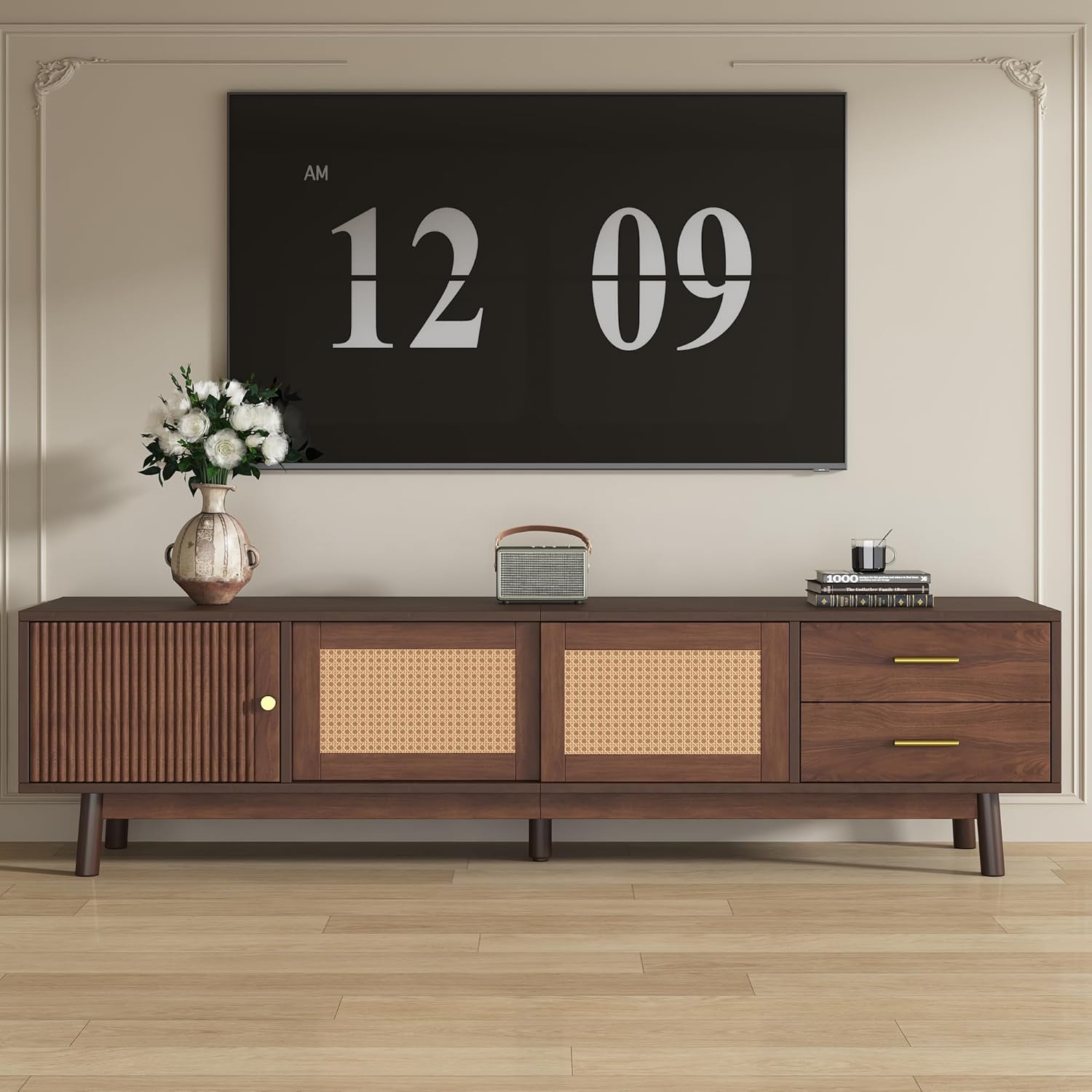 Mid Century Modern TV Stand for 80" TVs with Sliding Doors, Rattan Accent Storage Unit with 2 Drawers, Dark Brown Media Console in Solid Wood and MDF