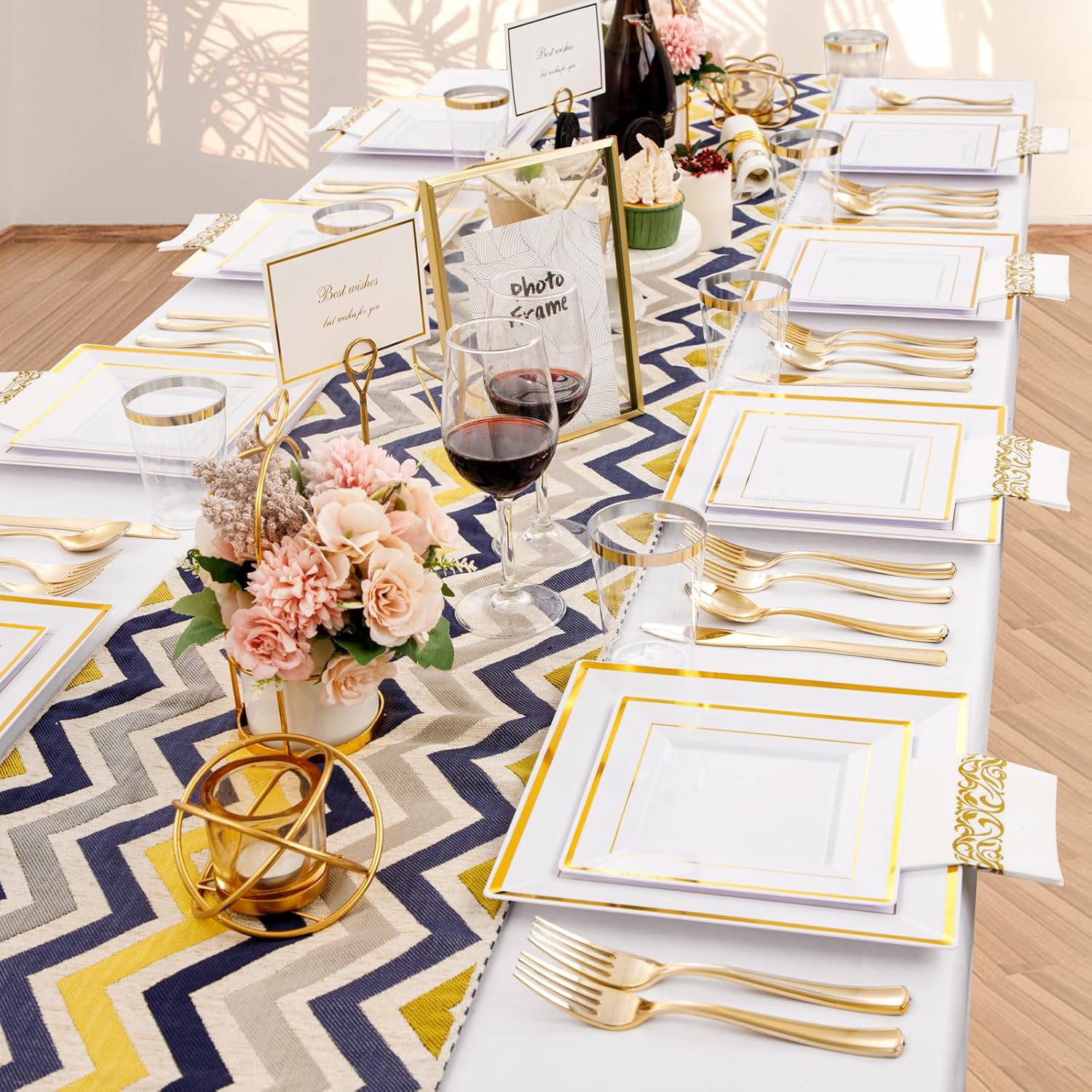 I00000 175PCS Gold Plastic Dinnerware Set, Includes 25 Dinner & Salad Plates, 25 Gold Silverware Sets, 25 Tumblers, 25 Guest Towels for Wedding