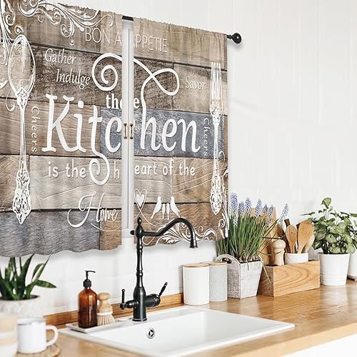 Miniatura 4 de Riyidecor Cortinas rústicas de cocina de granja, cortas, tenedor y cuchara, tablero de madera retro, bolsillo para barra, cita divertida, para