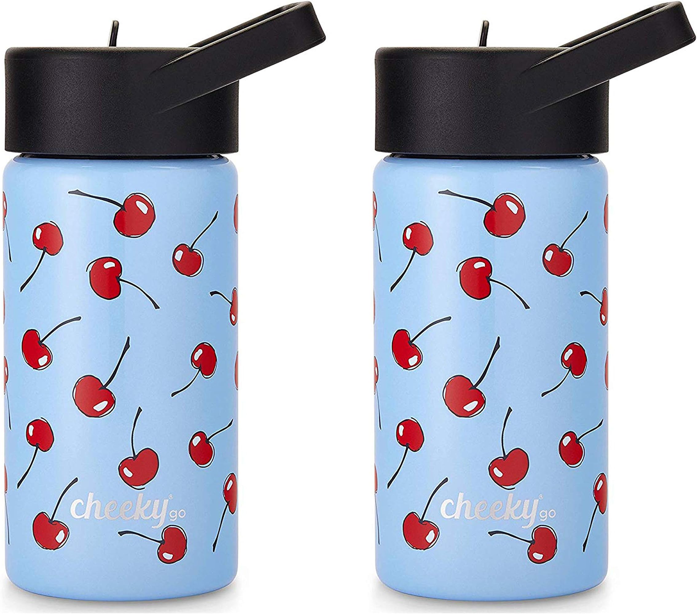 Cheeky Kids Go 14oz Insulated Stainless Steel Water Bottle with Straw Lid - Light Blue Cherry Print (2 Packs)