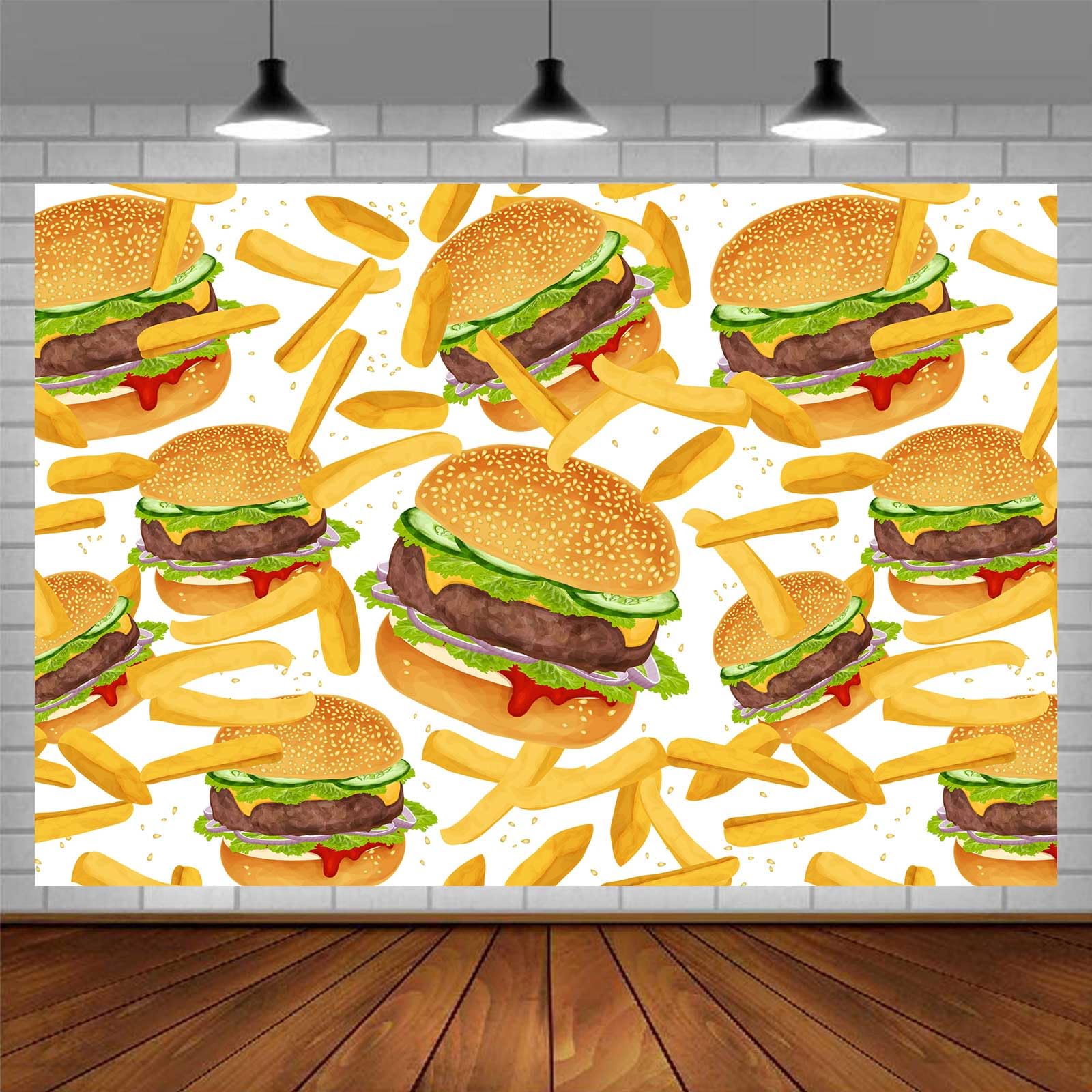 EMDSPR Hamburger French Fries Backdrop, 7x5ft, Fast Food Photograhy Background Birthday Party Supplies Burger Shop Decoration Banner Photo Booth Props