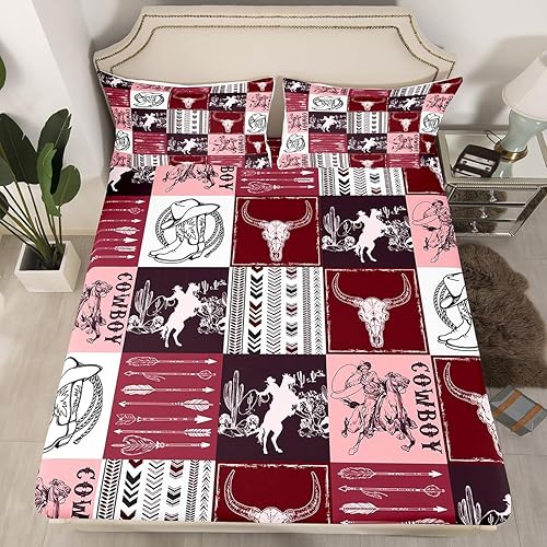 Manfei Sábana bajera ajustable de vaquero, tamaño matrimonial, con 2 fundas de almohada, juego de ropa de cama de retazos de celosía burdeos, 3