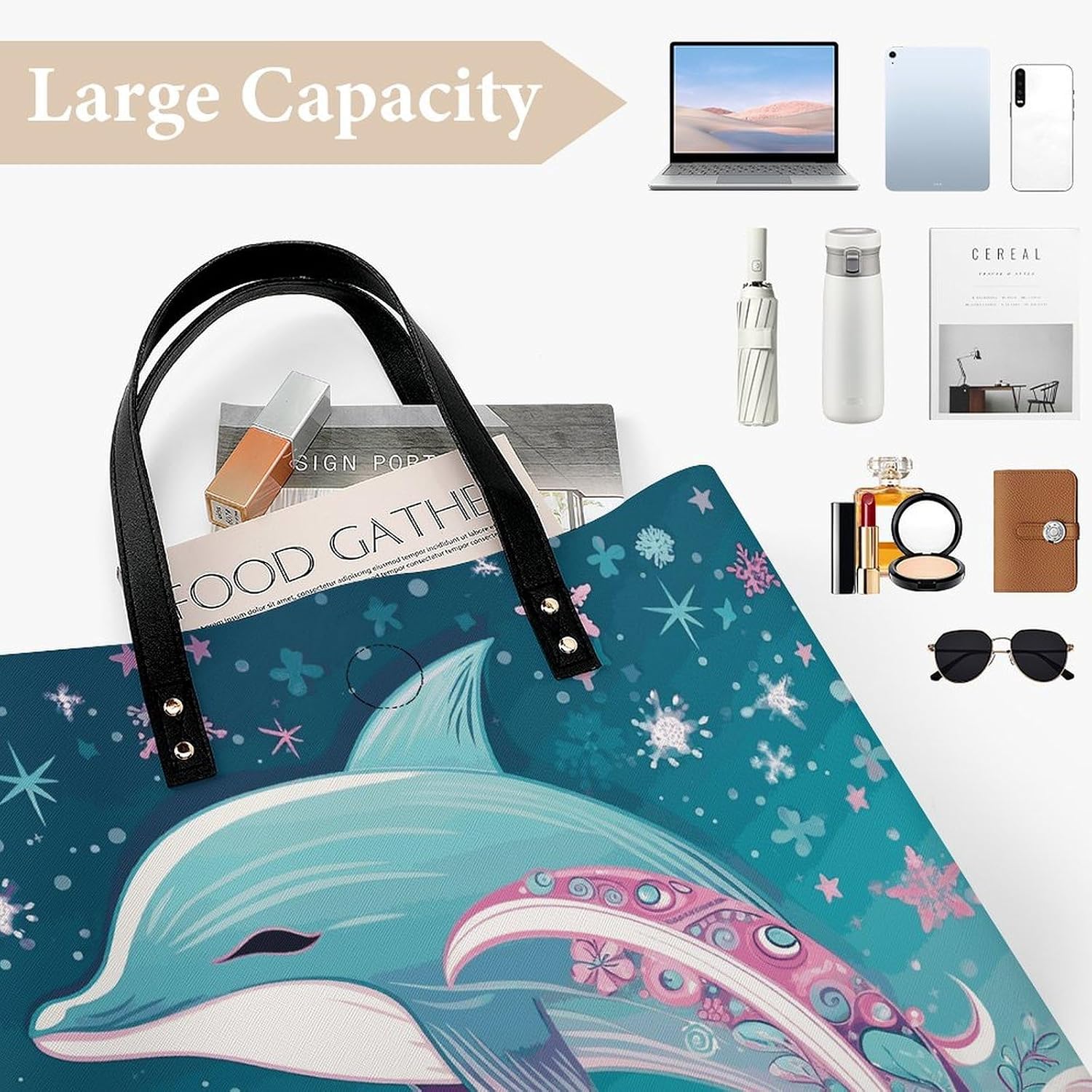 Cute Dolphin Snowflake Handbags Large Capacity, Tote Bag Stylish Slouchy, Shoulder Bags for Work Beach Travel And Shopping Grocery.