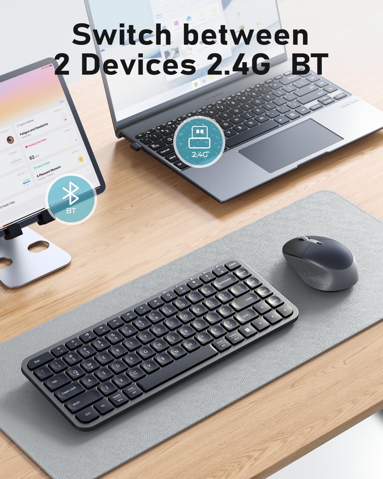 Bluetooth Keyboard and Mouse, Vssoplor Compact Multi-Device Wireless Keyboard Mouse Combo Set for Business and Travel, 2.4G+Bluetooth Portable Keyboard for Laptop iPad Tablet-Black Gray