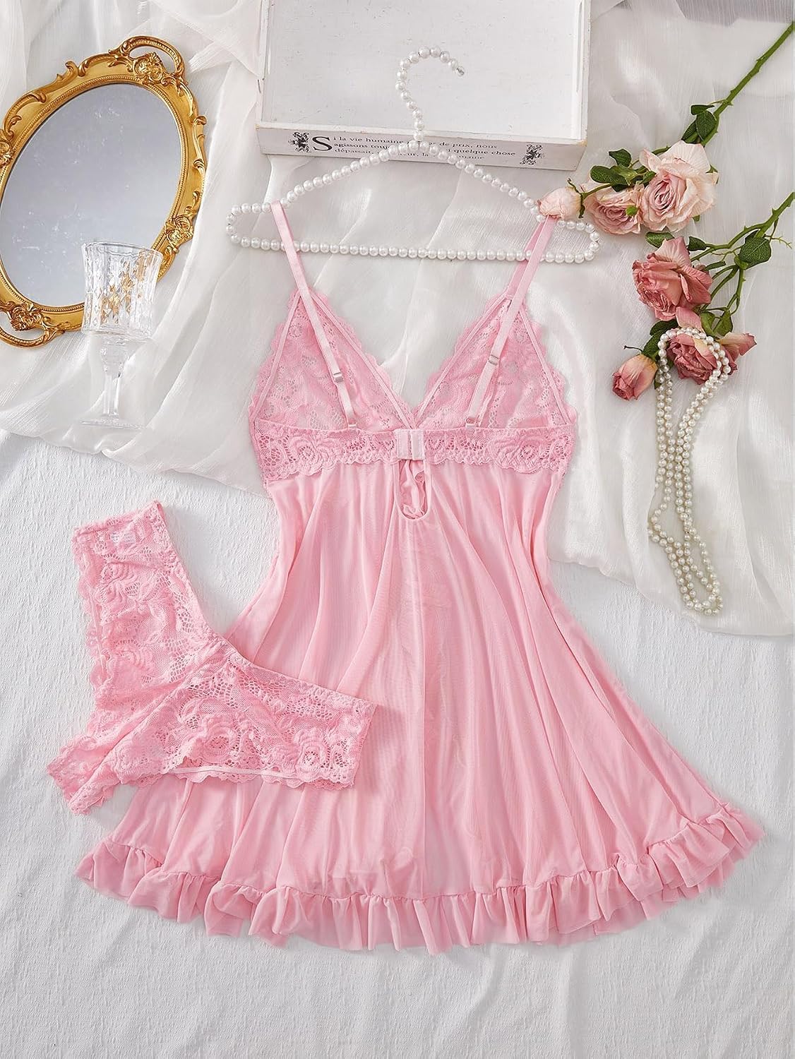 Foxiny Sexy Ruffle Sheer Mesh Lace Wireless Babydoll Lingerie Dress with Thong 2 Piece