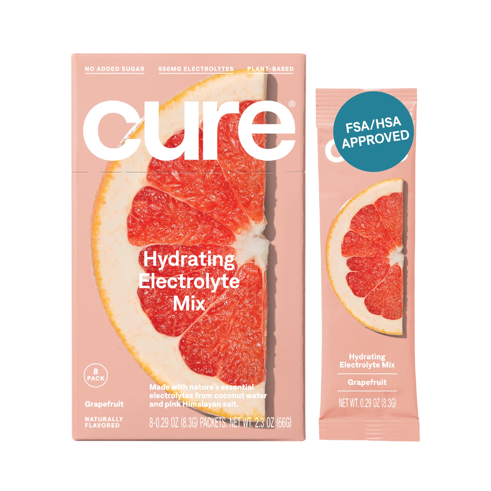 Cure Hydration Plant-Based Electrolyte Drink Mix | No Added Sugar | Dehydration Relief | Coconut Water Powder | FSA-HSA Eligible | Non-GMO, Vegan | 8 Packets – Grapefruit