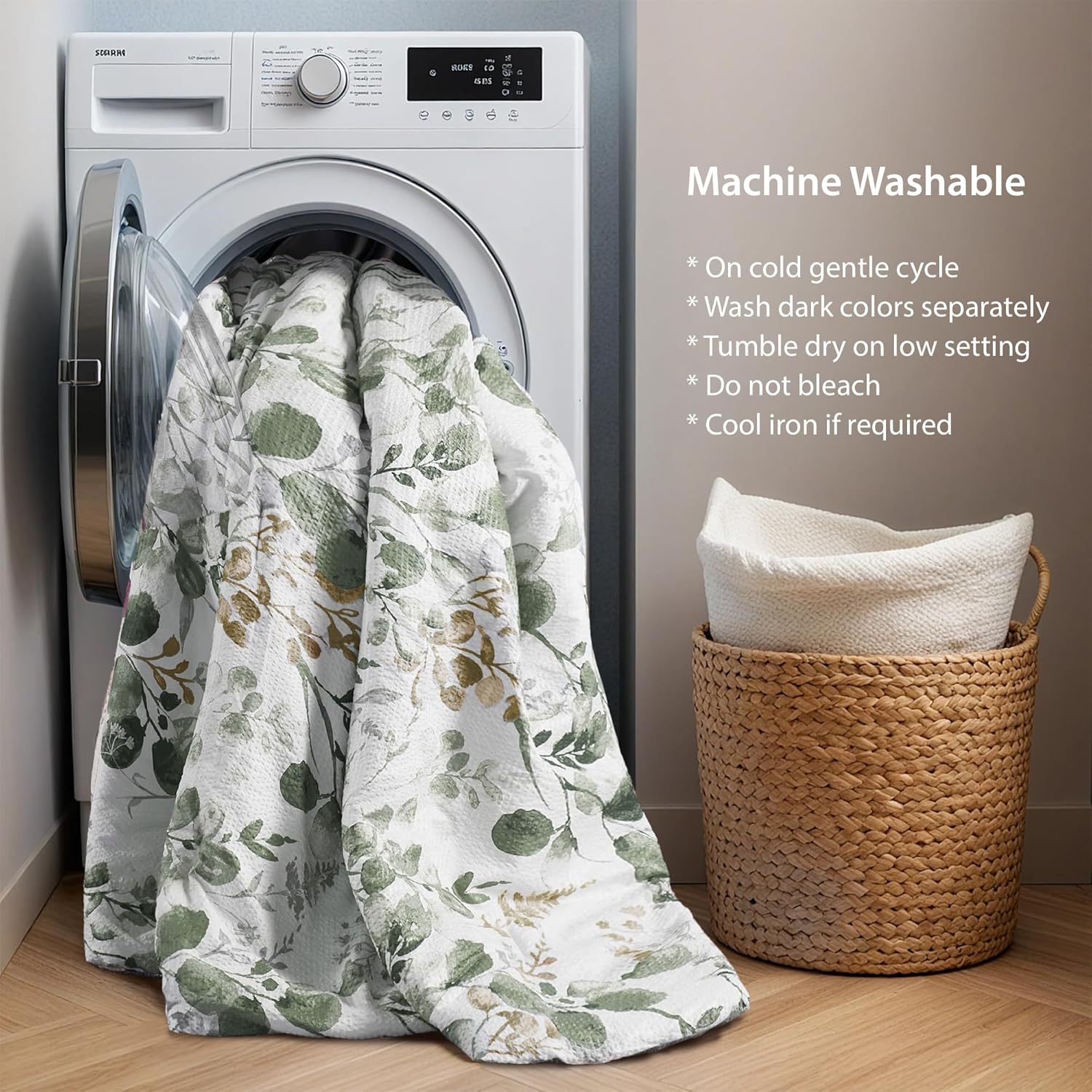 Lightweight Seersucker Botanical Comforter Set Queen Size, 3 Pieces Reversible Design with Striped Print, Premium Microfiber Bedding Set, Comforter and Sham Set, Green - Image 8