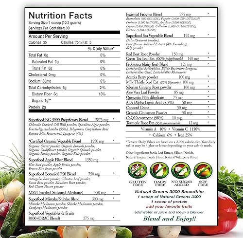 Miniatura 3 de Natural Greens Powder Super Food Mix, 10.79 onzas (10.79 oz) con ingredientes orgánicos certificados - 50 superalimentos vegetarianos a base de