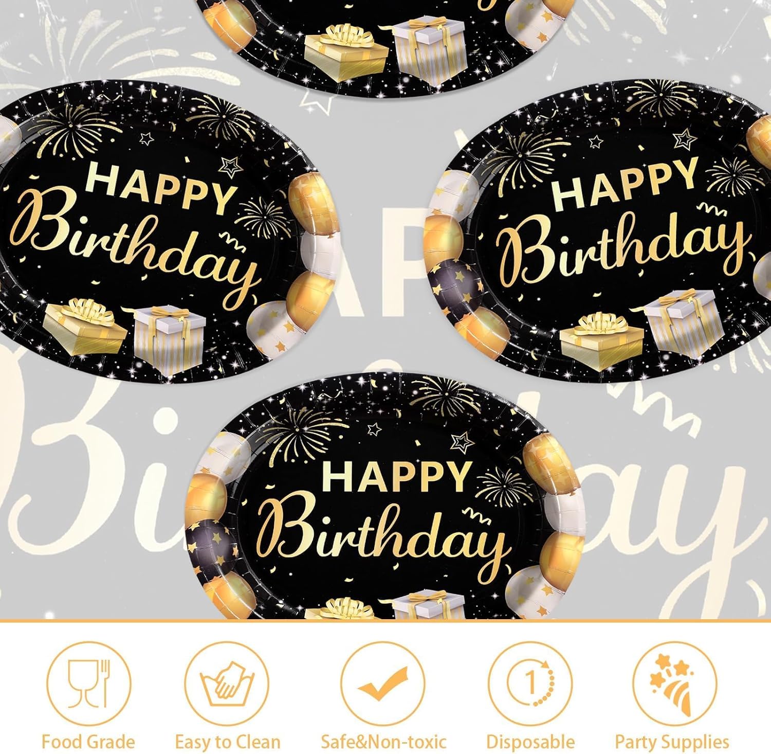 Grencian 50Pcs Black and Gold Birthday Oval Paper Plates 10" x 12" Large Heavy Duty Happy Birthday Party Plates Black Party Decorations Platters for Men Women Gathering Dinner Party Decorations
