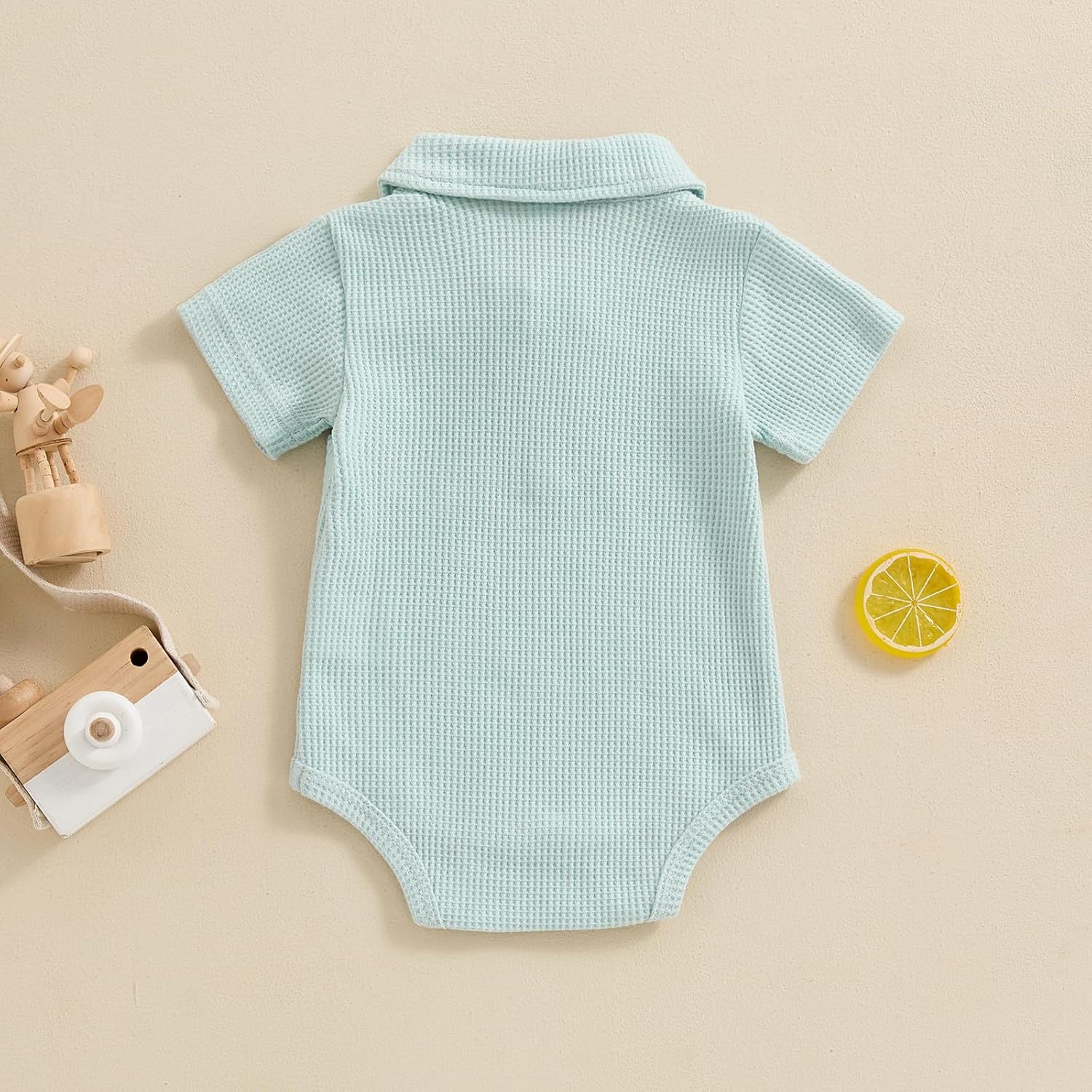 Lesimsam Newborn Baby Boy Clothes Waffle Knit Button Up Shirt Romper Solid Short Sleeve Collared Bodysuit One-Piece Outfit - Image 3