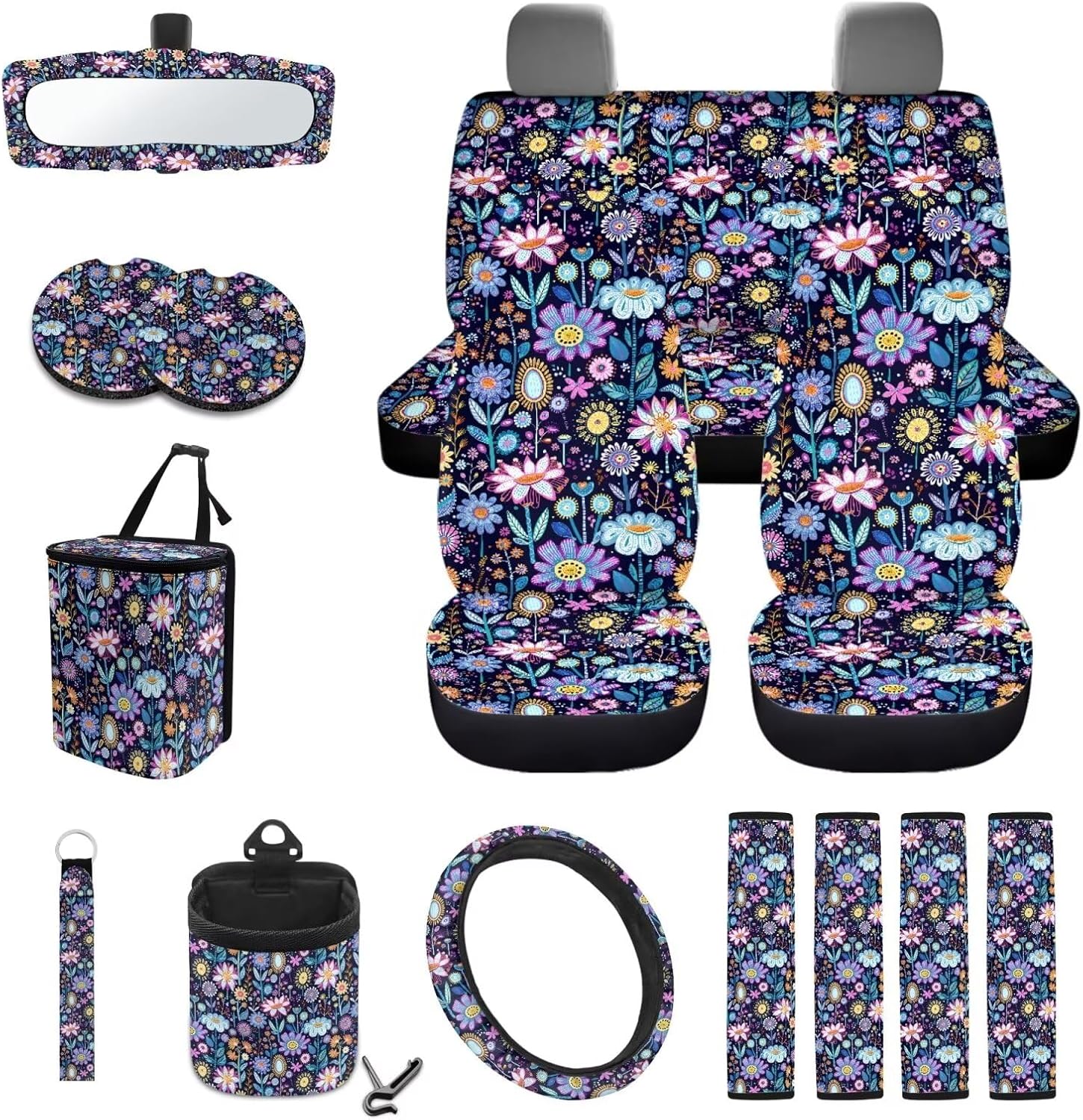 Boho Floral Print Car Seat Cover Sets Car Steering Wheel Cover Seat Belt Cover Trash Bin Air Vent Storage Box Front Rear View Mirror Car Cup Holder Keychain 15Pcs Car Accessories