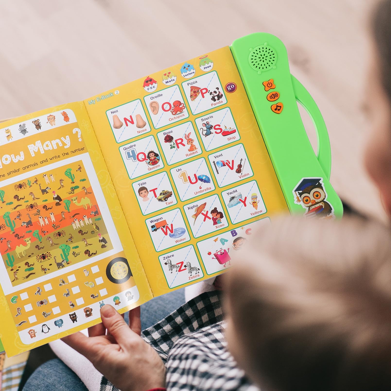 ERINGOGO Libro Electrónico Bilingüe Francés Inglés para Niños Pequeños 3-5 Años, Lectura Interactiva Sonidos, Aprendizaje Preescolar, Juguete Educativo Portátil Verde