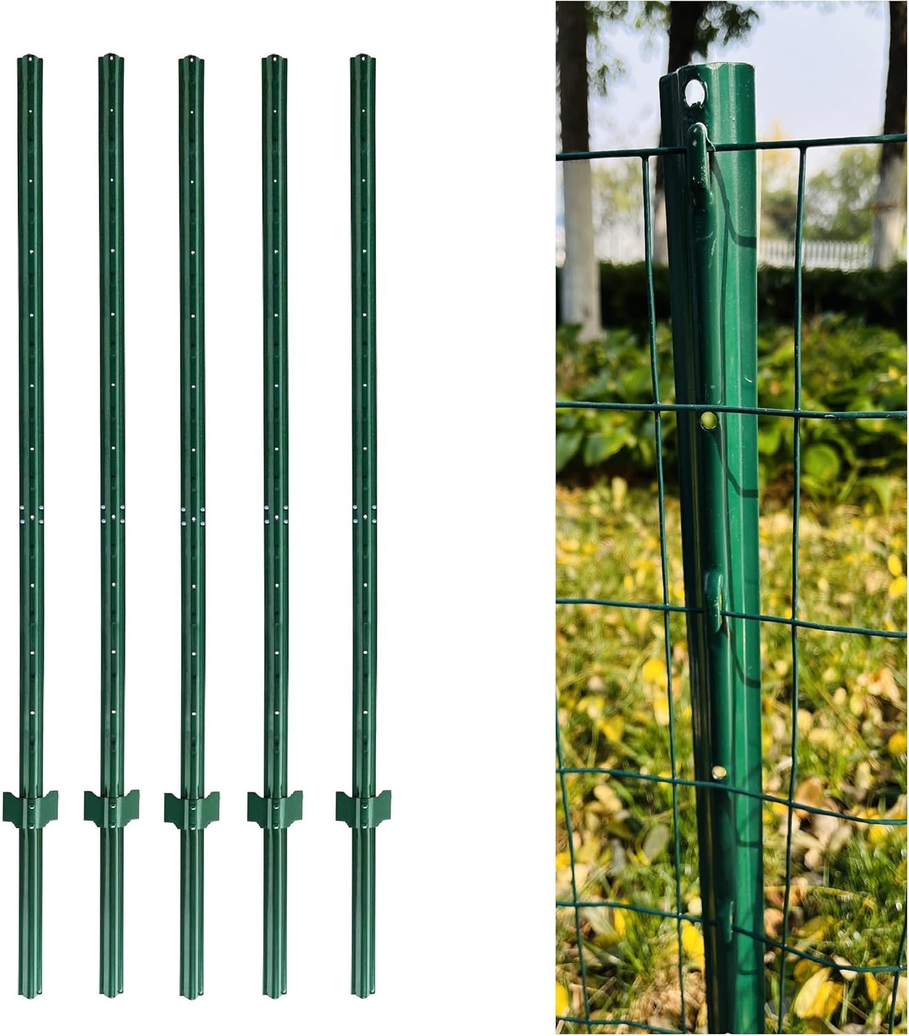 7 Feet Heavy Duty Metal Fence Post Green, Pack of 5, for 72 Inch High Welded Garden Wire Fence U-Channel Steel Garden Post Assemble