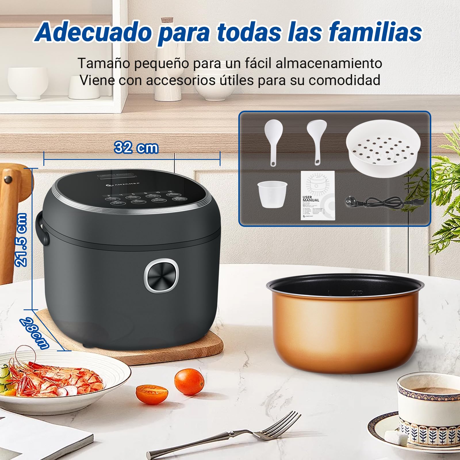 AMZCHEF Olla Arrocera Eléctrica de 4L para 5 personas, 8 Tazas (Sin Cocinar), Mini Rice Cooker de 860W, 7 funciones de cocción, Cesta para Cocinar al Vapor, Temporizador, Olla Interior Antiadherente