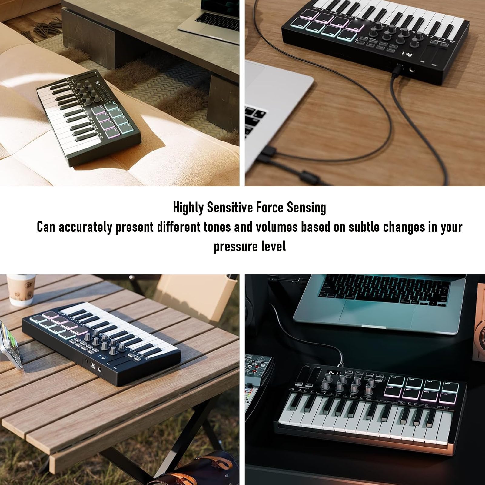 Eujgoov Controlador MIDI Portátil de 25 Teclas Bluetooth USB 8 Perillas Semipesadas con Software de Producción Negro para Producción Musical