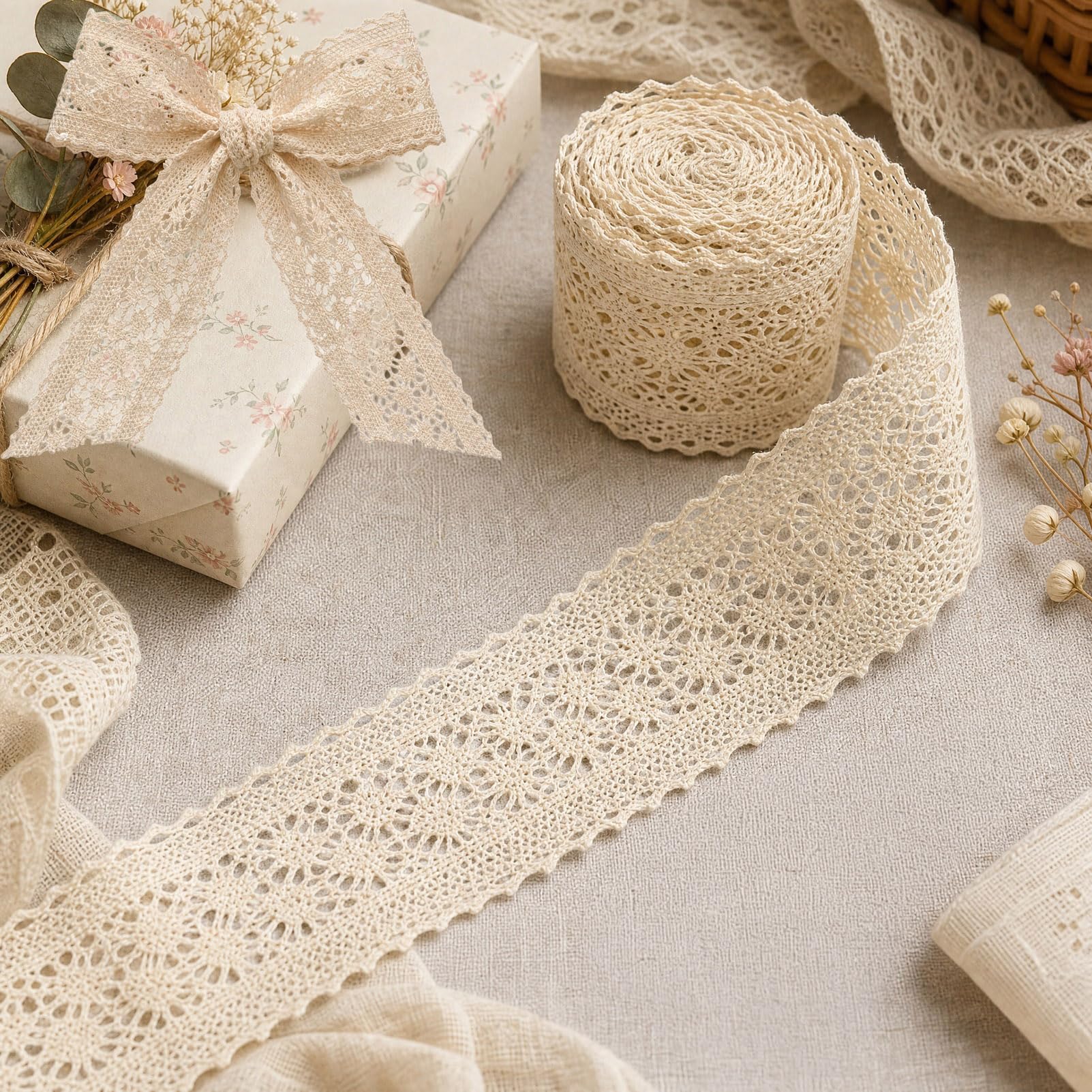 5.4 Yards Beige Lace Ribbon, 2.28 Inch Width Lace Trim for Sewing, Crafts, Vintage Wedding Decor and Ribbon for Gift Wrapping