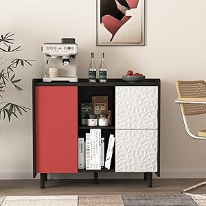 Aparador tipo buffet negro con puertas rojas, 2 cajones y 2 compartimentos de almacenamiento abiertos – Armario moderno para cocina y comedor