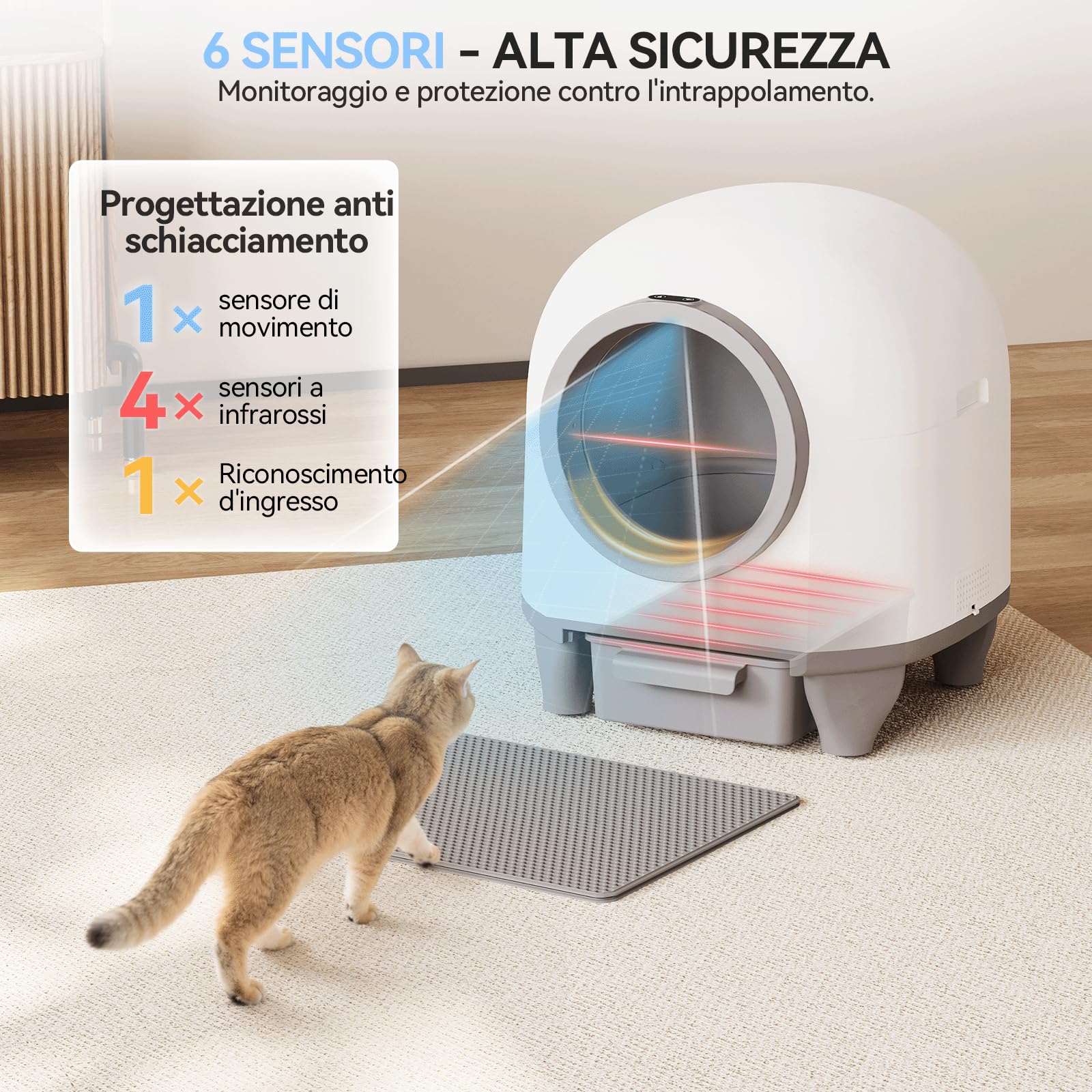 JUMMICO Lettiera Gatto Autopulente Antiodore， 90L lettiera autopulente per gatti xxl. Controllo APP cat litter box self cleaning con sensori, ingresso basso anti-intrappolamento/odore, per più gatti