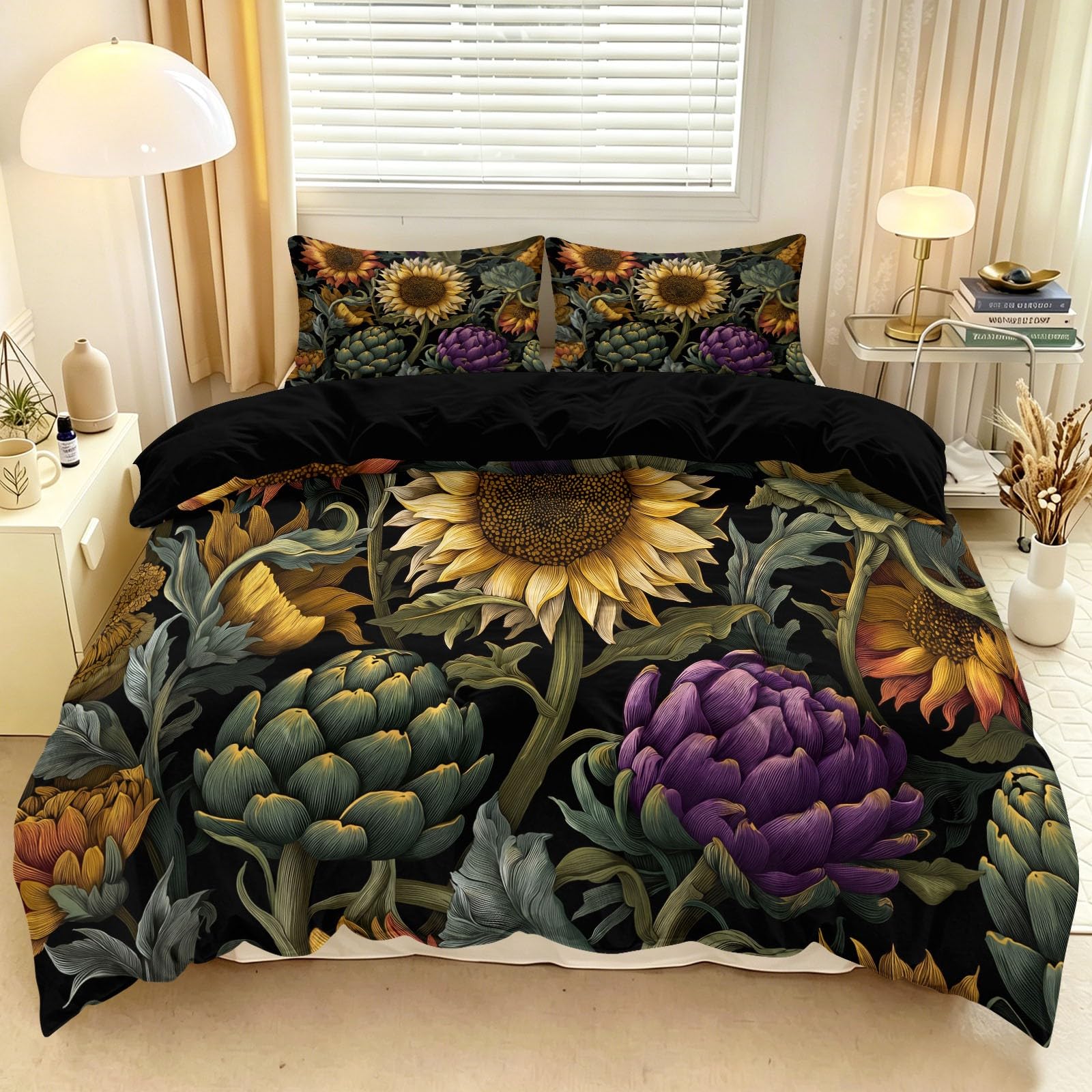 Bettwäsche Doppelbett 3teilig Bettbezug Bettwäsche Set 200x200 cm Floral Pflanze Schwarz Sonnenblume Artischocke Bettbezug Mit 2 KissenbezüGen 80x80 Cm, Mikrofaser Bettbezug Set Mit ReißVerschluss.