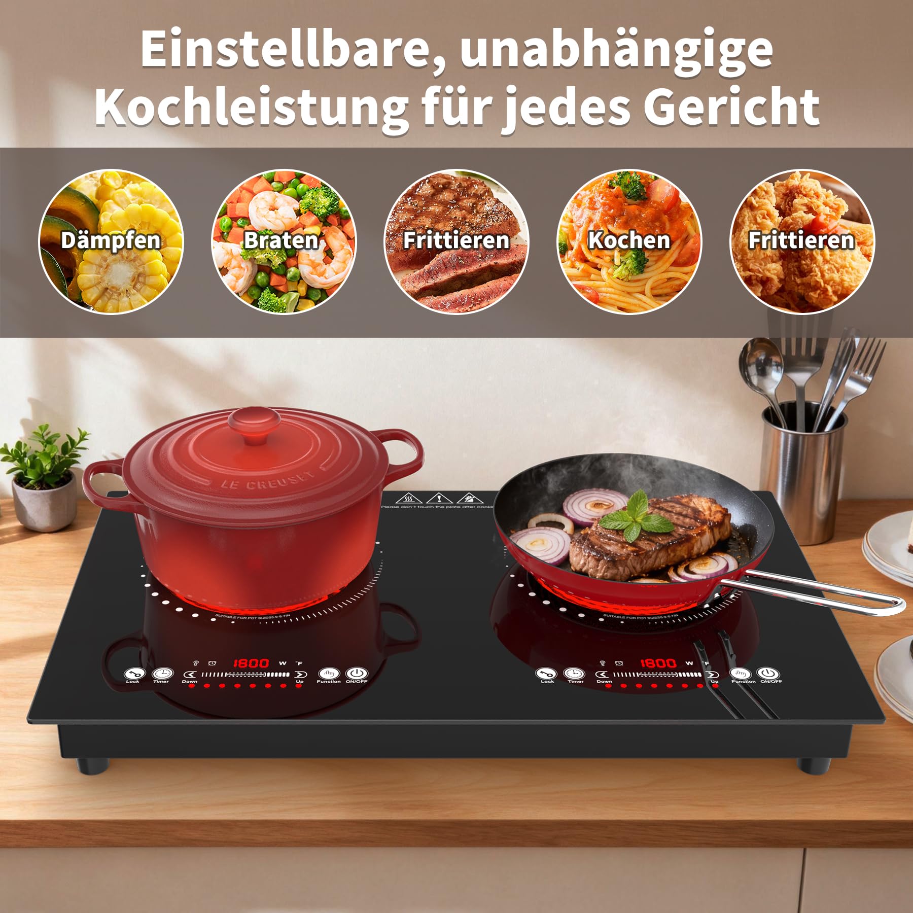 VBGK Keramikkochfeld, 220V, 3600W, Keramikkochfeld mit LED-Touch-Steuerung, 9 Leistungsstufen, Kindersicherung und 4-Stunden-Timer, Überhitzungsschutz kochfelder, Glaskeramikkochfeld 2 Platten