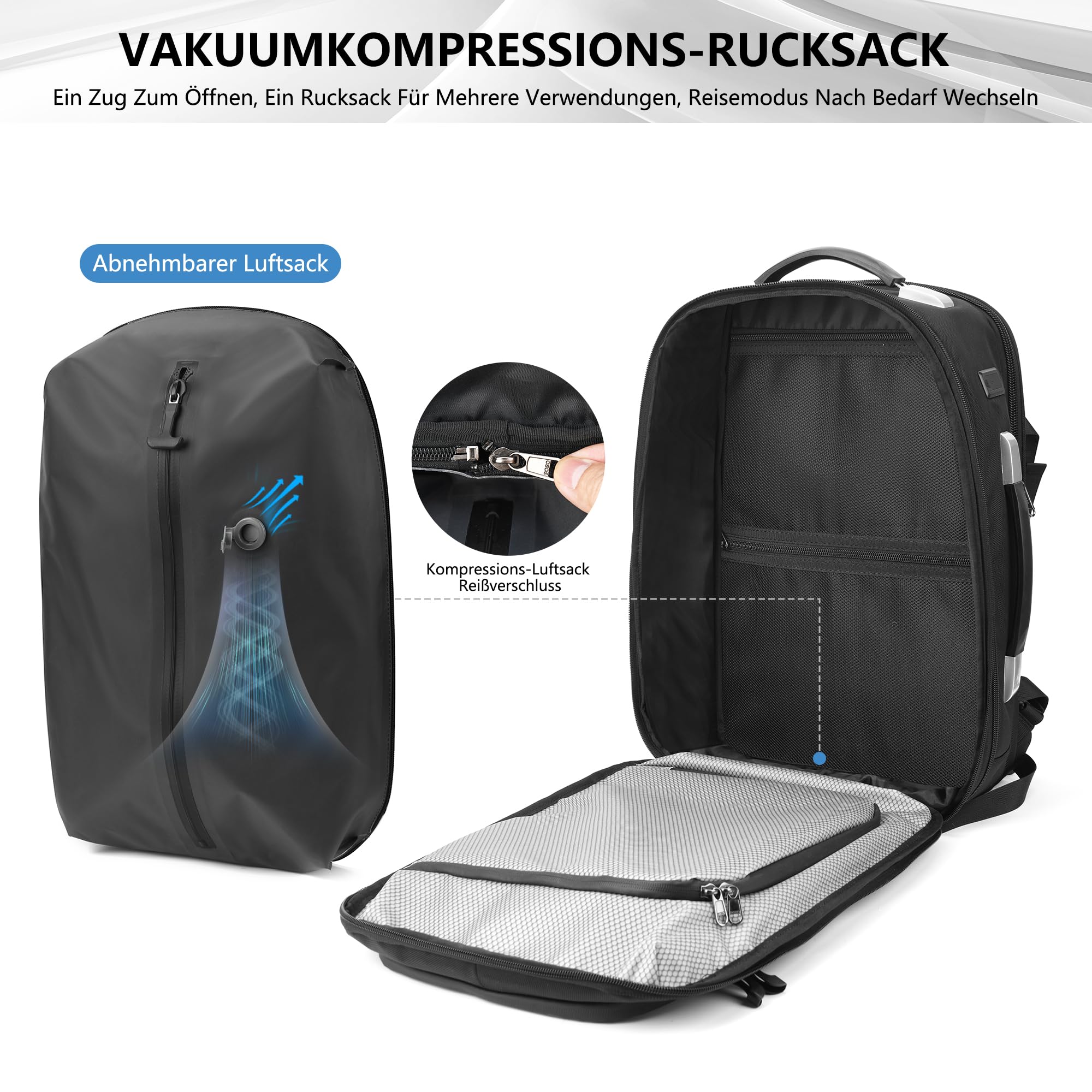 Vakuum Rucksack Handgepäck, 60L Erweiterbarer Reiserucksack mit Kompression & Luftpumpe, Airbag Rucksack mit TSA-Schloss